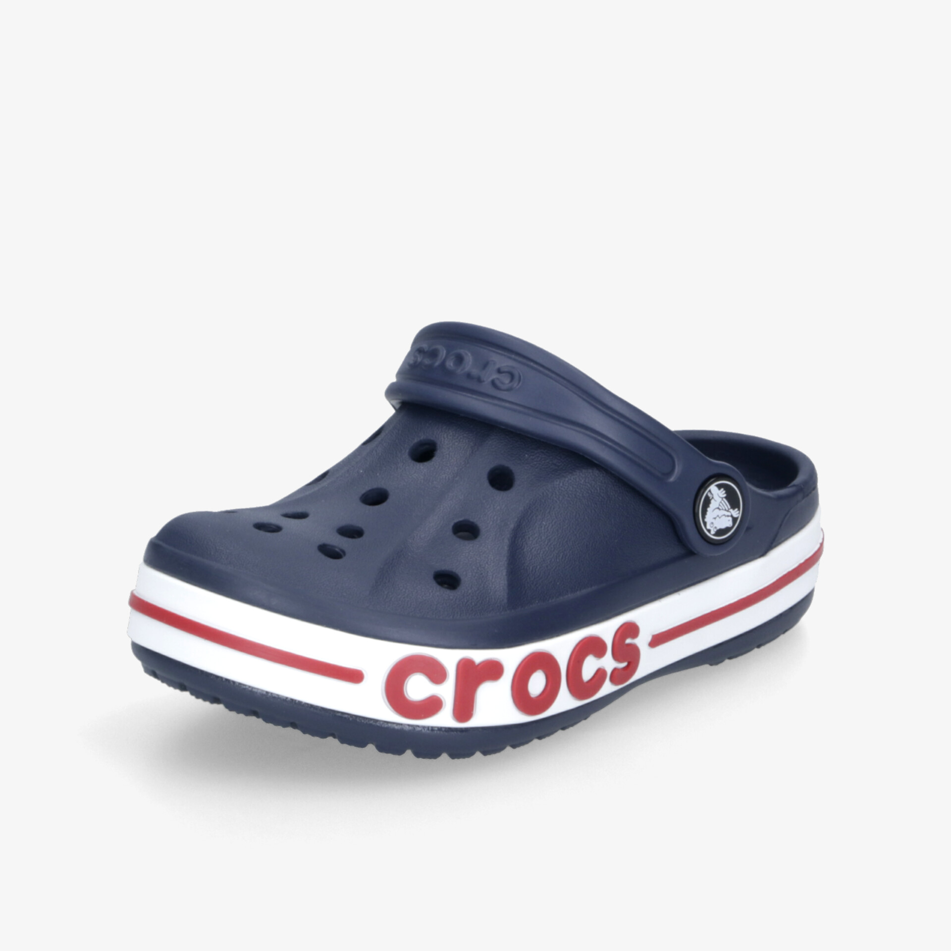 Leichter, atmungsaktiver blauer Crocs Schuh mit weichem Tragekomfort und rutschfester Sohle in schräger Vorderansicht
