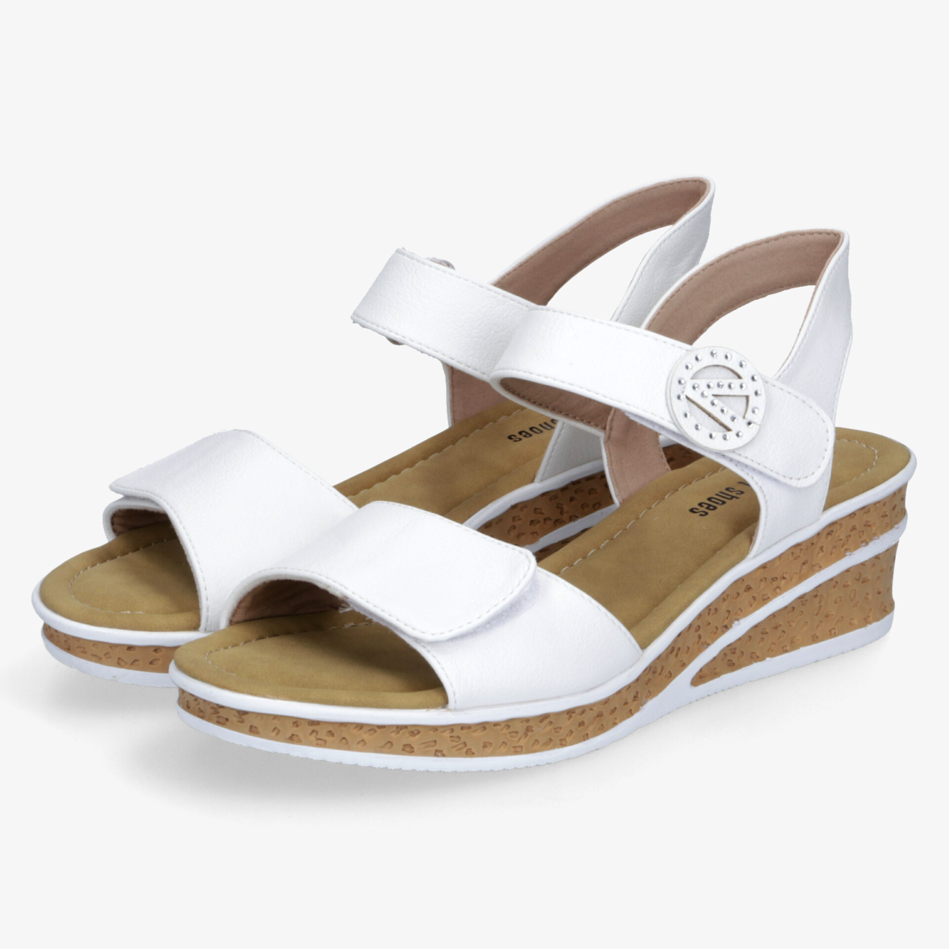 Elegante weiße Sandalen mit Keilabsatz und verstellbarem Klettverschluss für bequemen Sitz und sommerlichen Stil