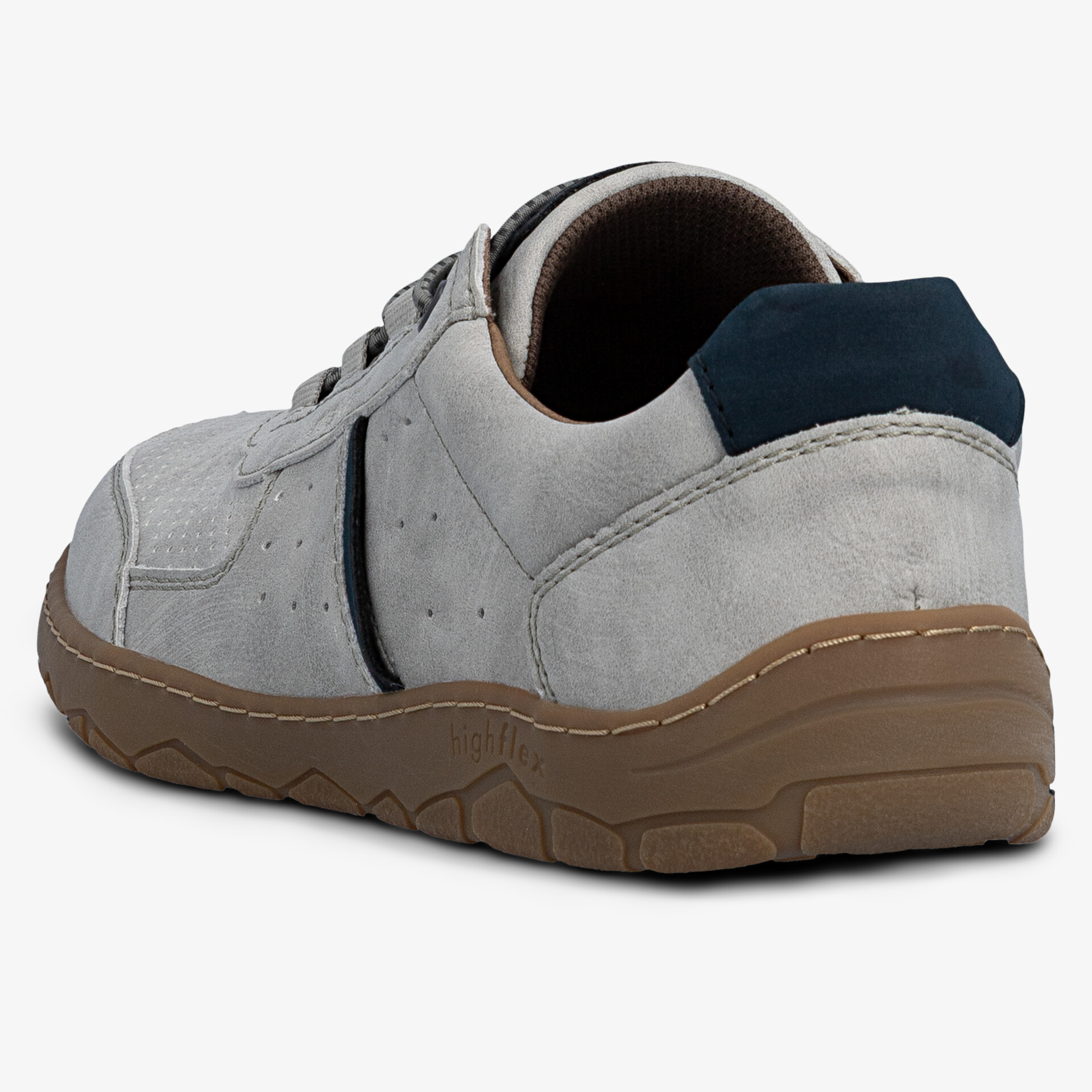 robuster grauer Schuh mit brauner rutschfester Sohle und blauem Fersenpolster