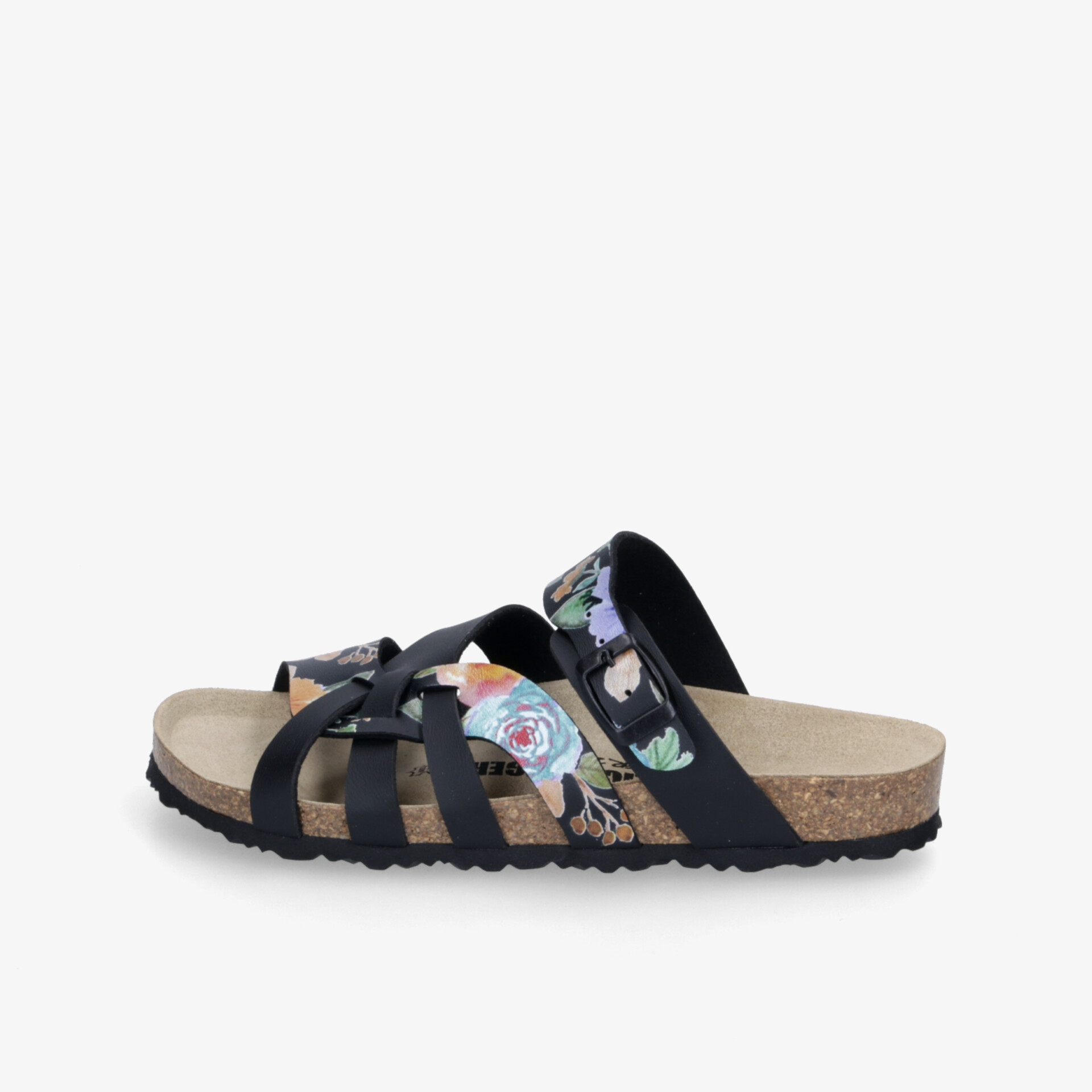Bequeme Sandale mit floralem Muster, breiten Riemen und komfortablem Korkfußbett für angenehmen Tragekomfort