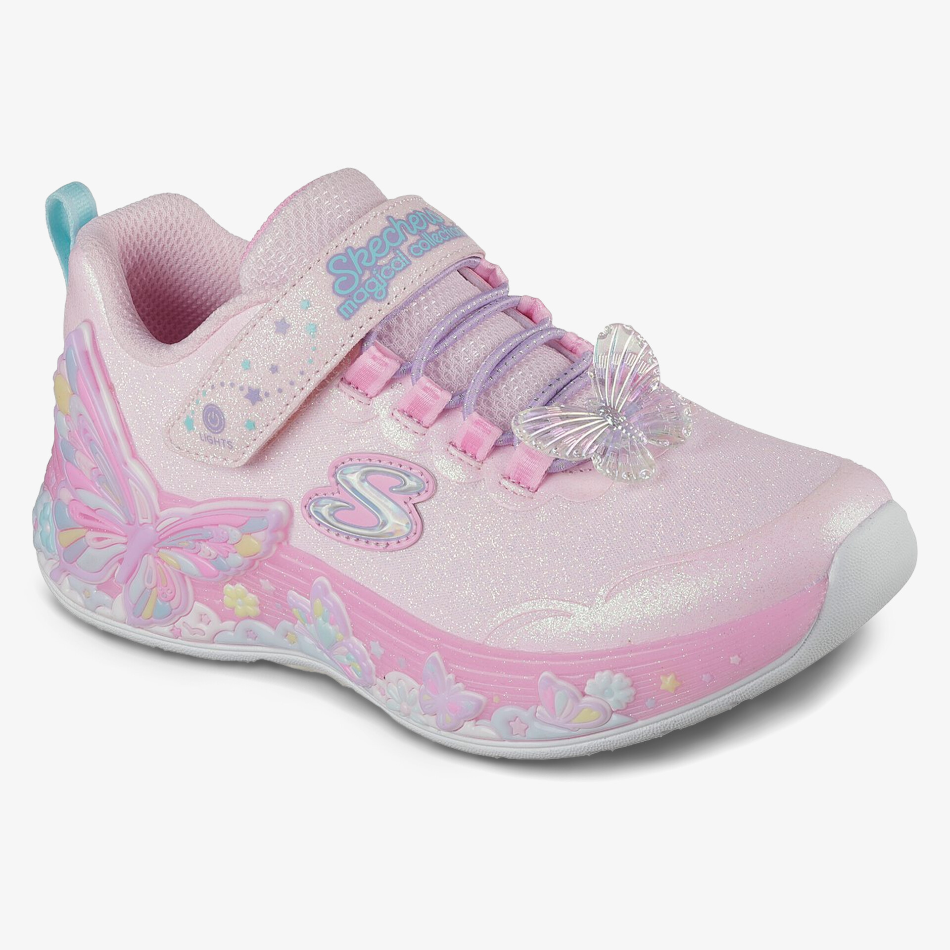 Modischer rosa Sneaker mit Glitzer, Schmetterling und Blumenmuster, bequem und attraktiv