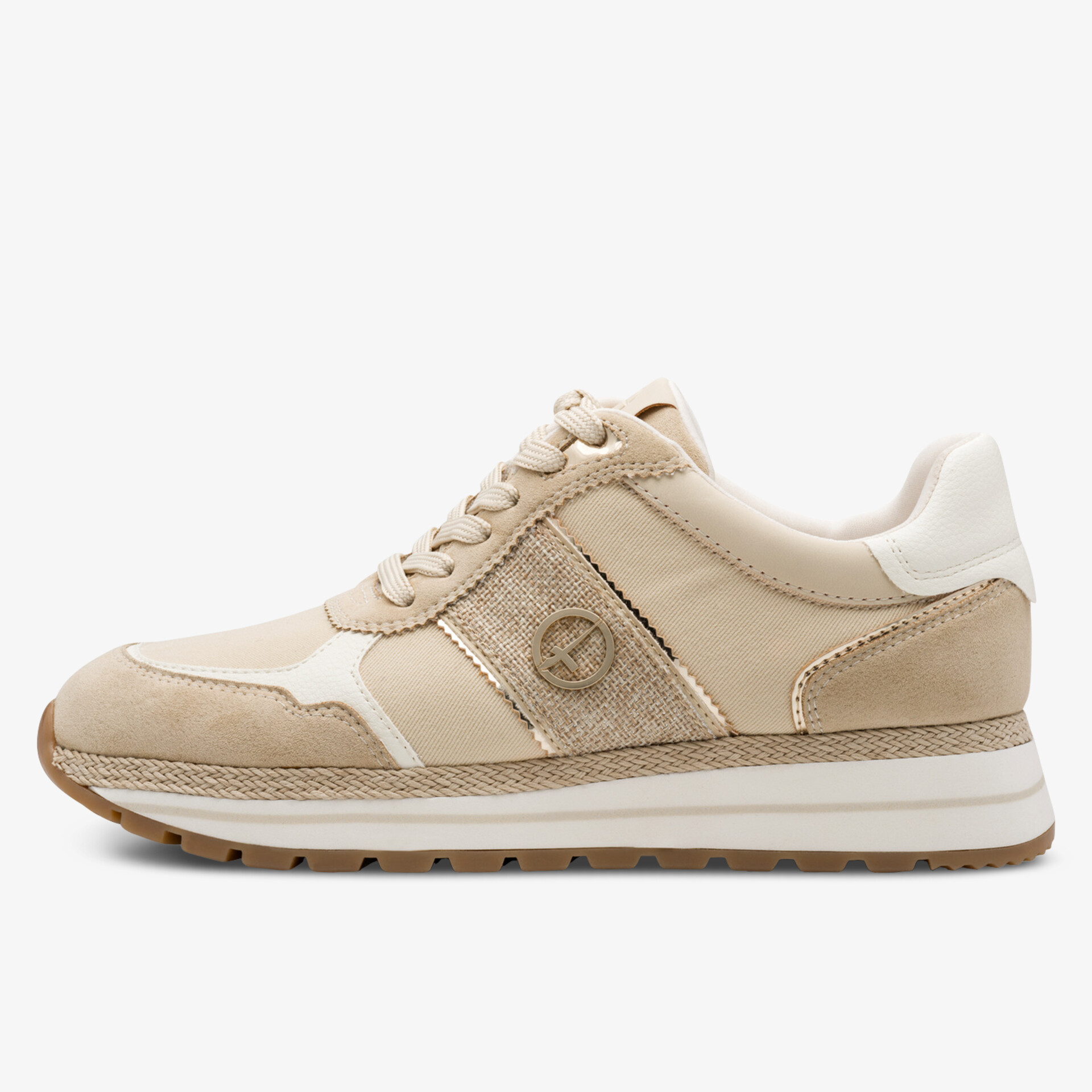 Moderner bequemer Sneaker mit leichter rutschfester Sohle und atmungsaktivem Material in neutralen Farbtönen