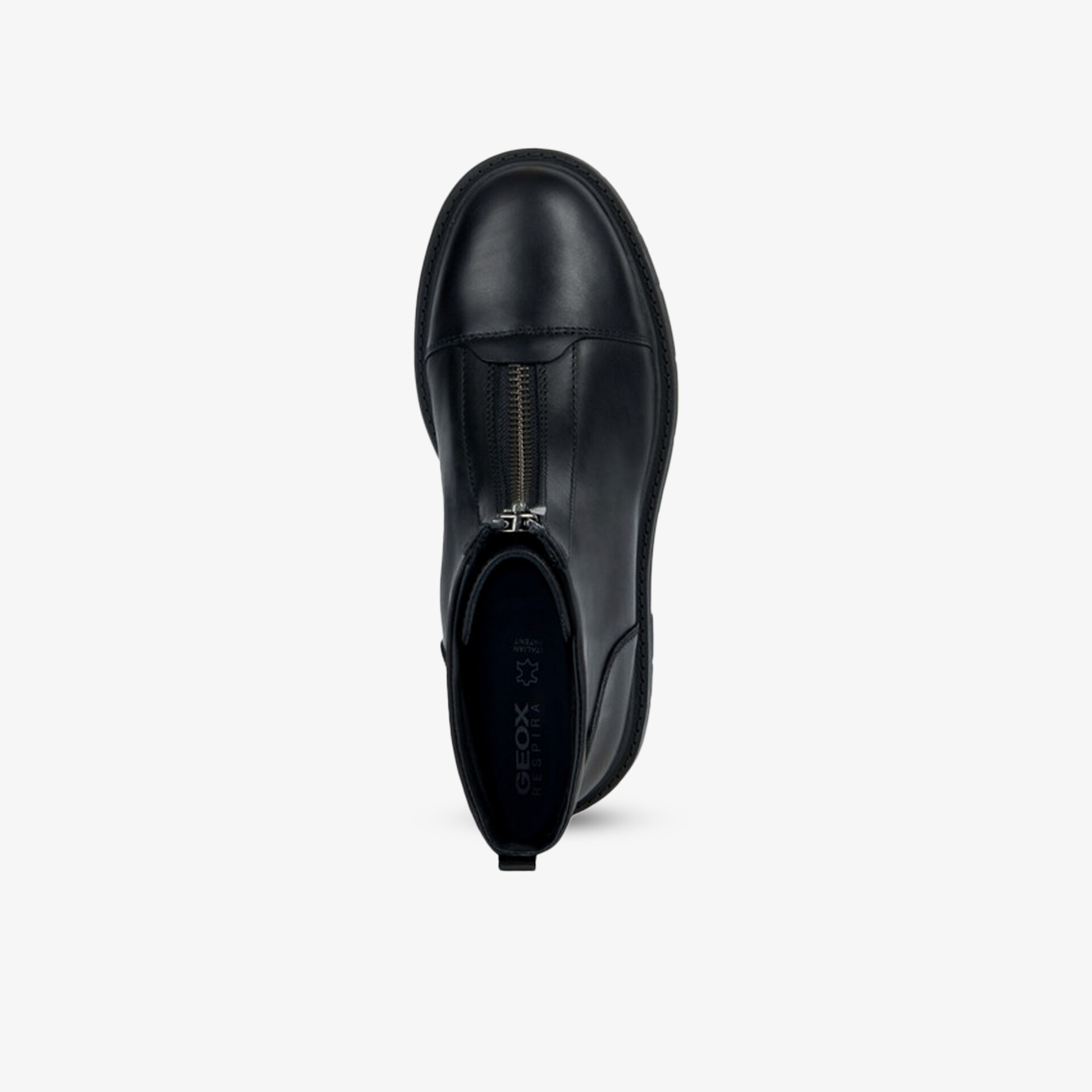 Schwarzer eleganter Leder-Schuh in Draufsicht, robust und bequem mit zeitlosem Design und hochwertiger Verarbeitung