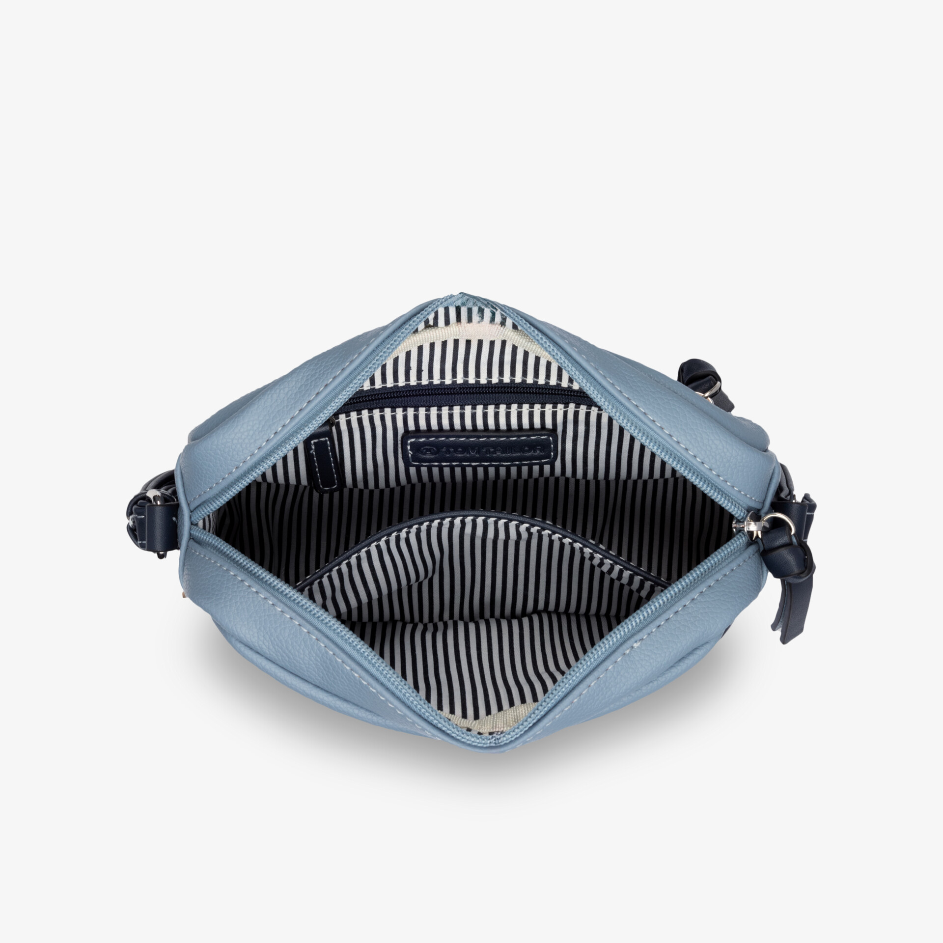 Offene blaue Tasche mit gestreiftem Innenfutter und mehreren praktischen Fächern für einfache Organisation