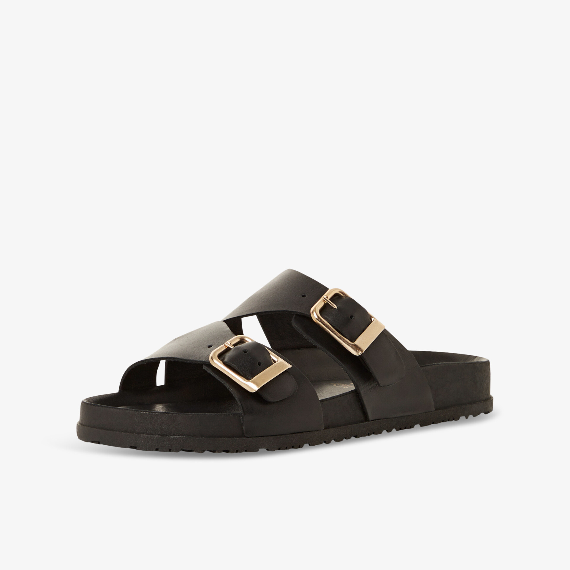 Bequeme schwarze Sandale mit zwei verstellbaren goldfarbenen Schnallen, weichem Fußbett und rutschfester Sohle.