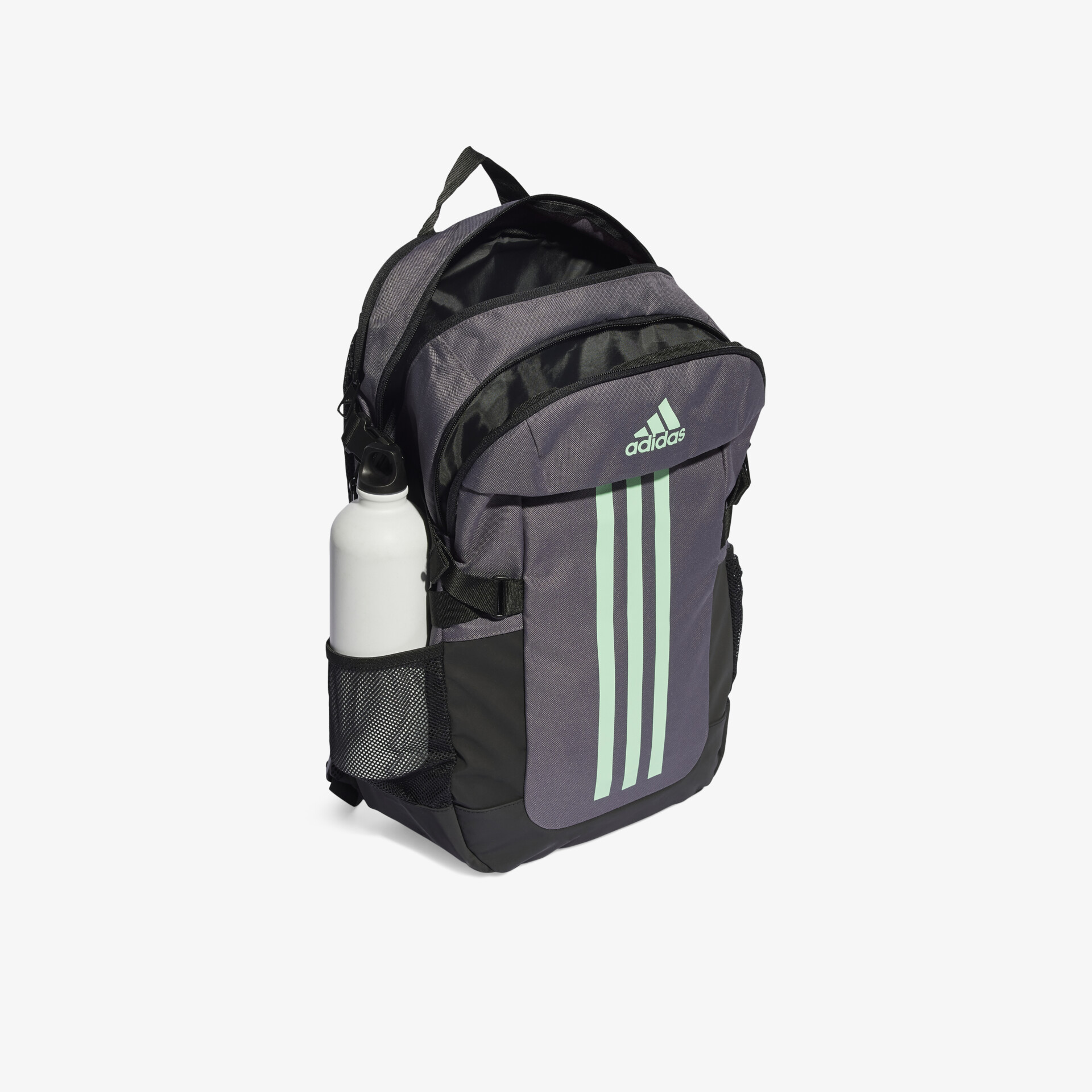 Stylischer grauer Rucksack mit drei Streifen, geräumig und funktional für Sport und Alltag geeignet.