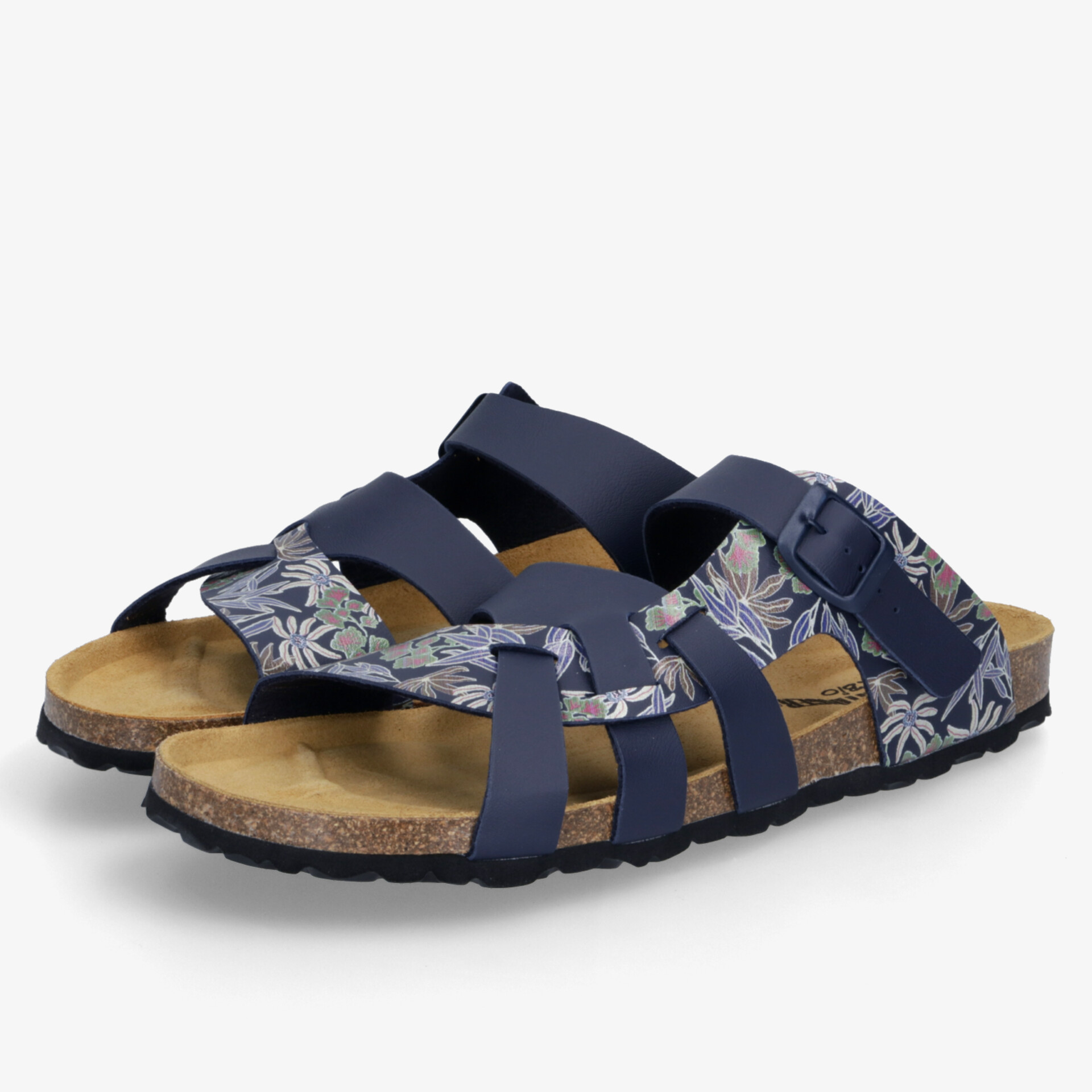 Floral gemusterte Birkensandalen mit breiten Riemen und gepolstertem Fußbett für optimalen Komfort und Stil.