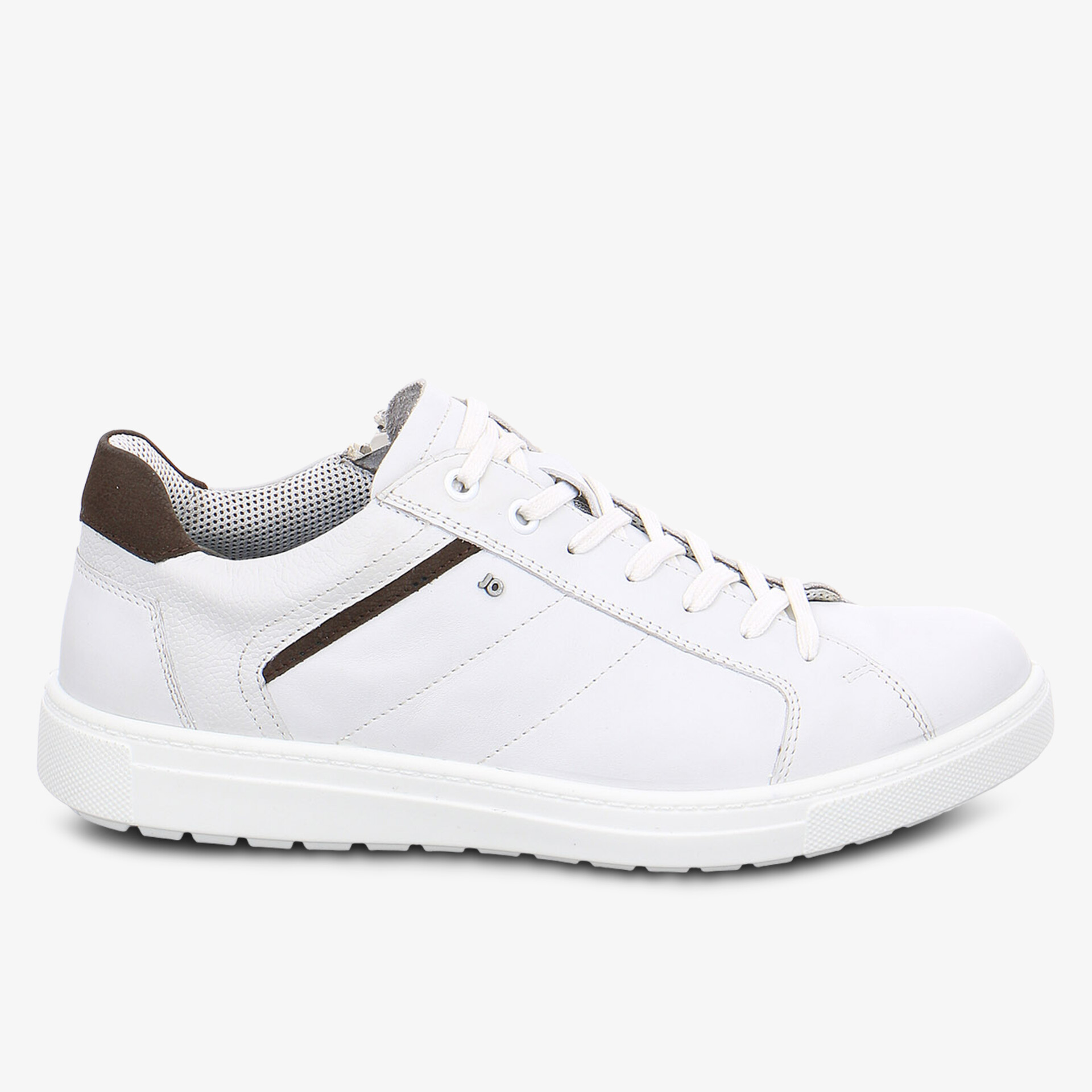 Moderner weißer Sneaker mit braunen Details, bequem und stilvoll für den täglichen Gebrauch.