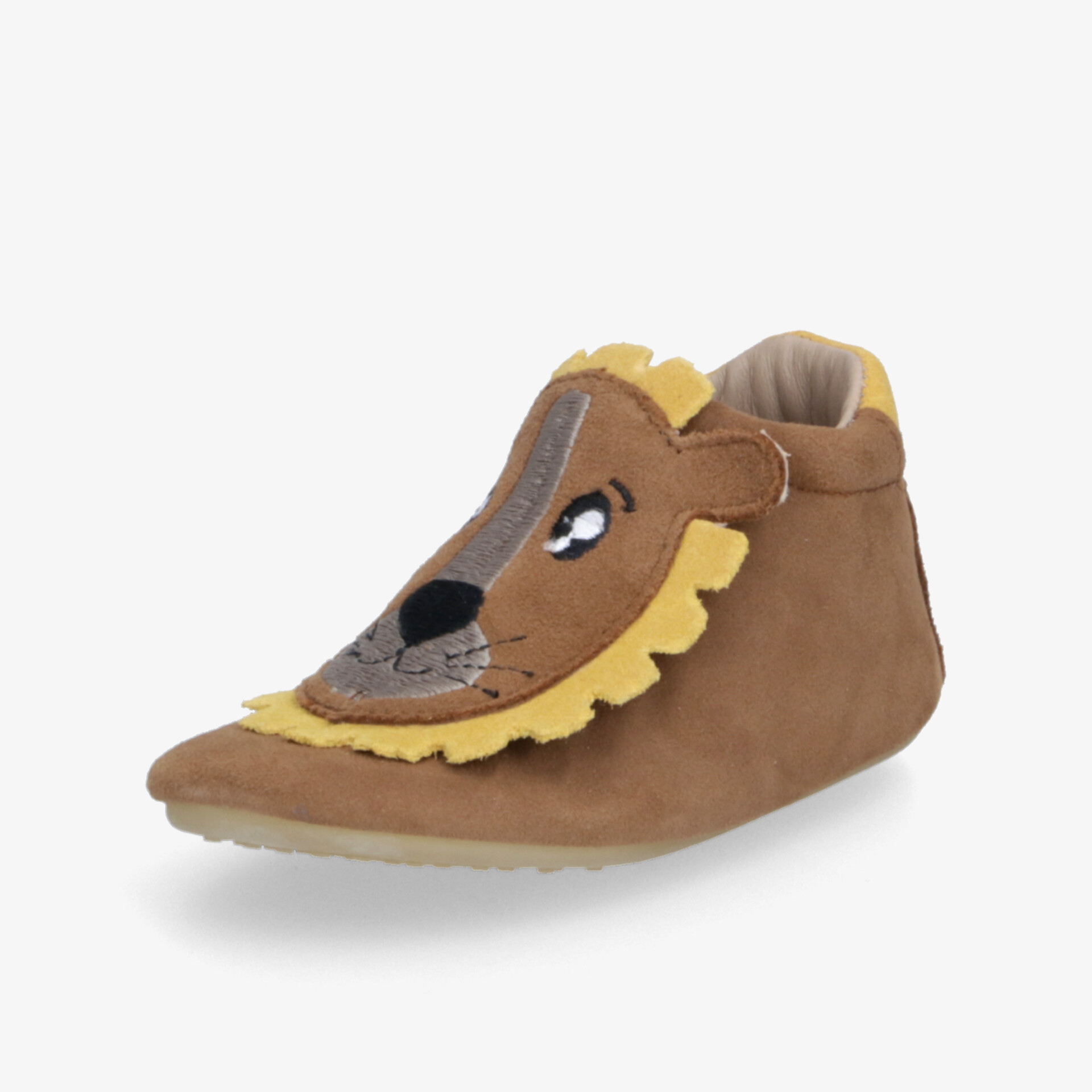 Weicher Kinderschuh in Braun mit flexiblem Material und niedlichem Löwenmotiv für bequemen Halt