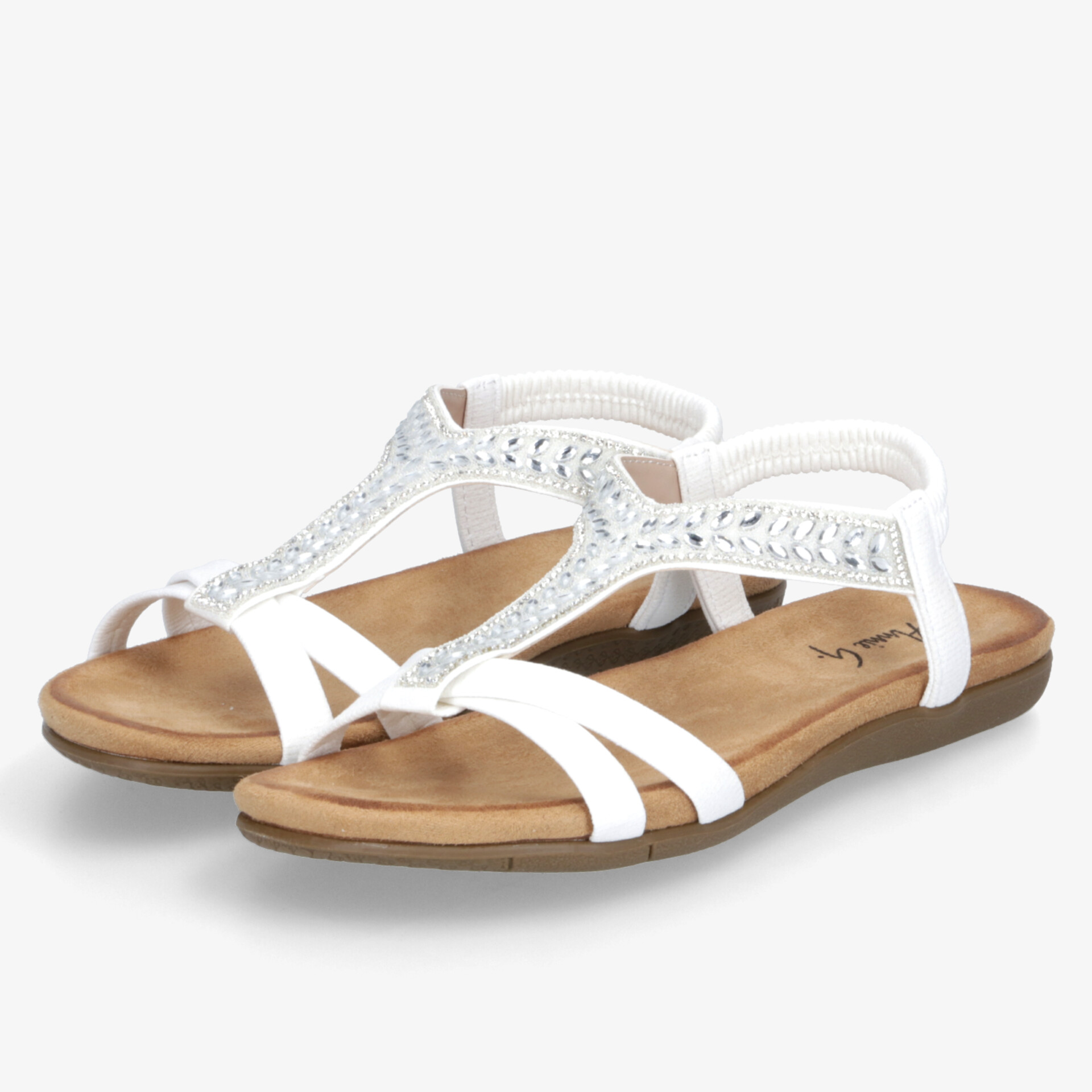 Weiße Sandalen mit glitzernden Verzierungen, bequemer Fußbett und offenem Zehenbereich, ideal für den Sommer