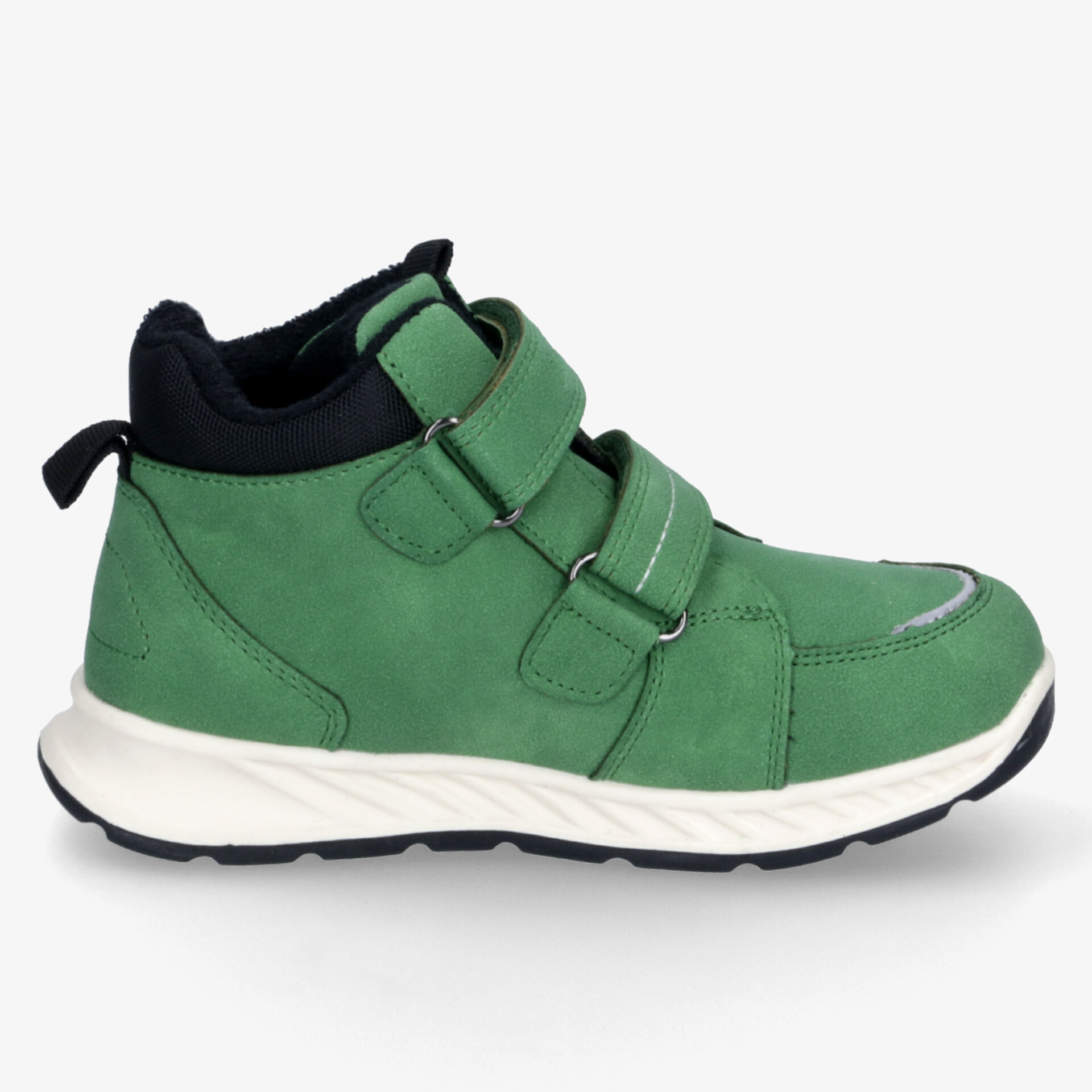 Grüner bequemer Sneaker mit praktischem Klettverschluss und rutschfester, flexibler Laufsohle seitlich sichtbar