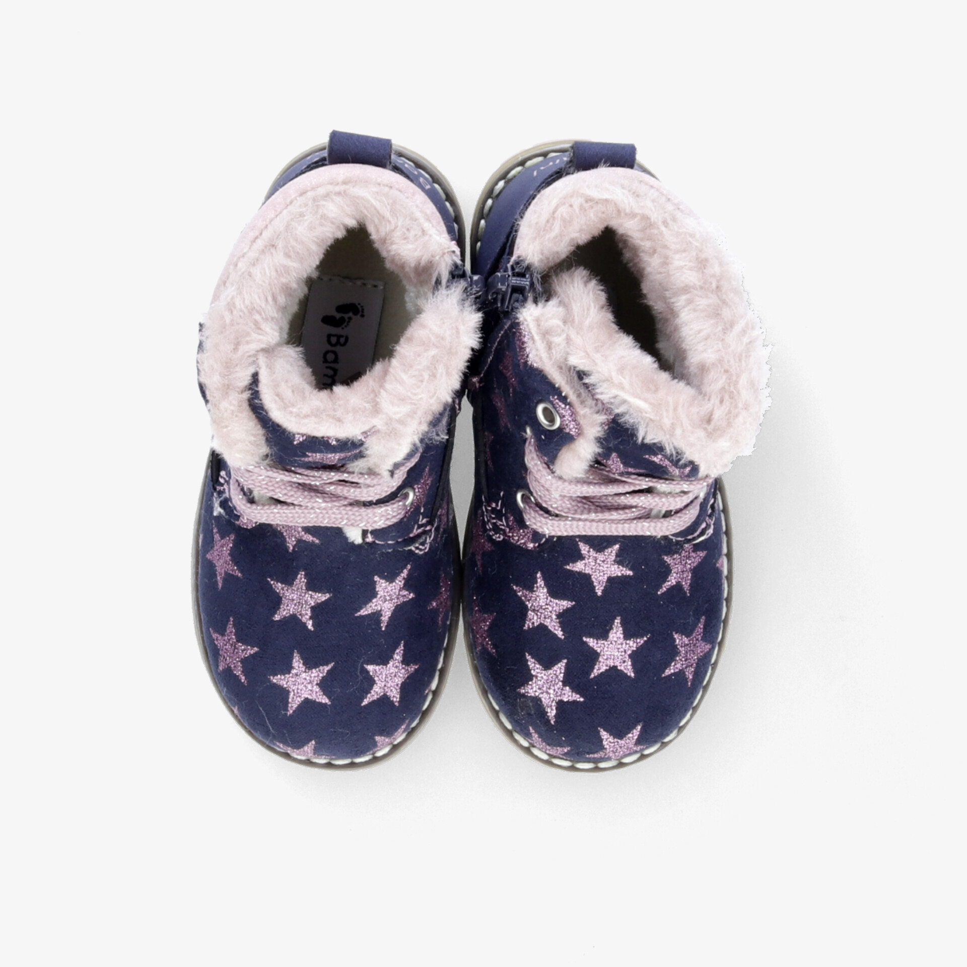 Warme, gefütterte Kinderschuhe mit weichem Innenfutter und rutschfester Sohle, Sternenmuster in Blau und Rosa