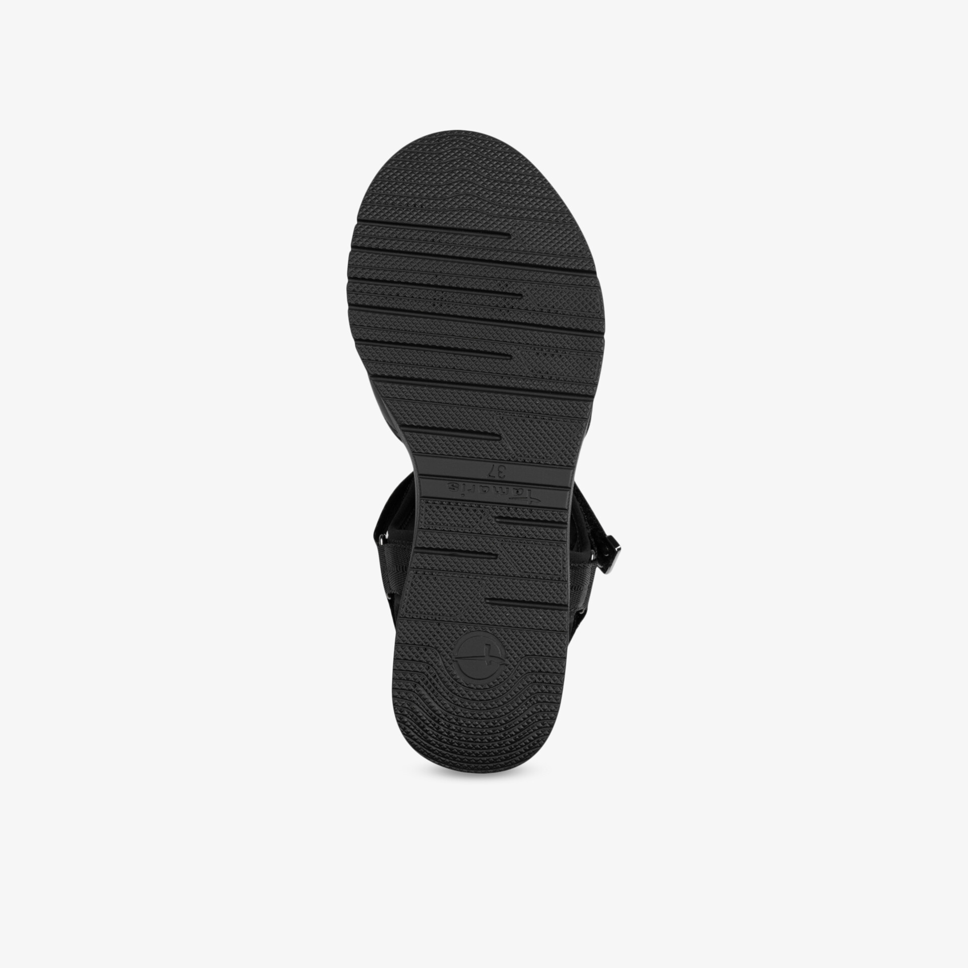 Robuste, rutschfeste schwarze Schuhsohle mit tiefem Profil für stabilen Halt und langanhaltenden Komfort.