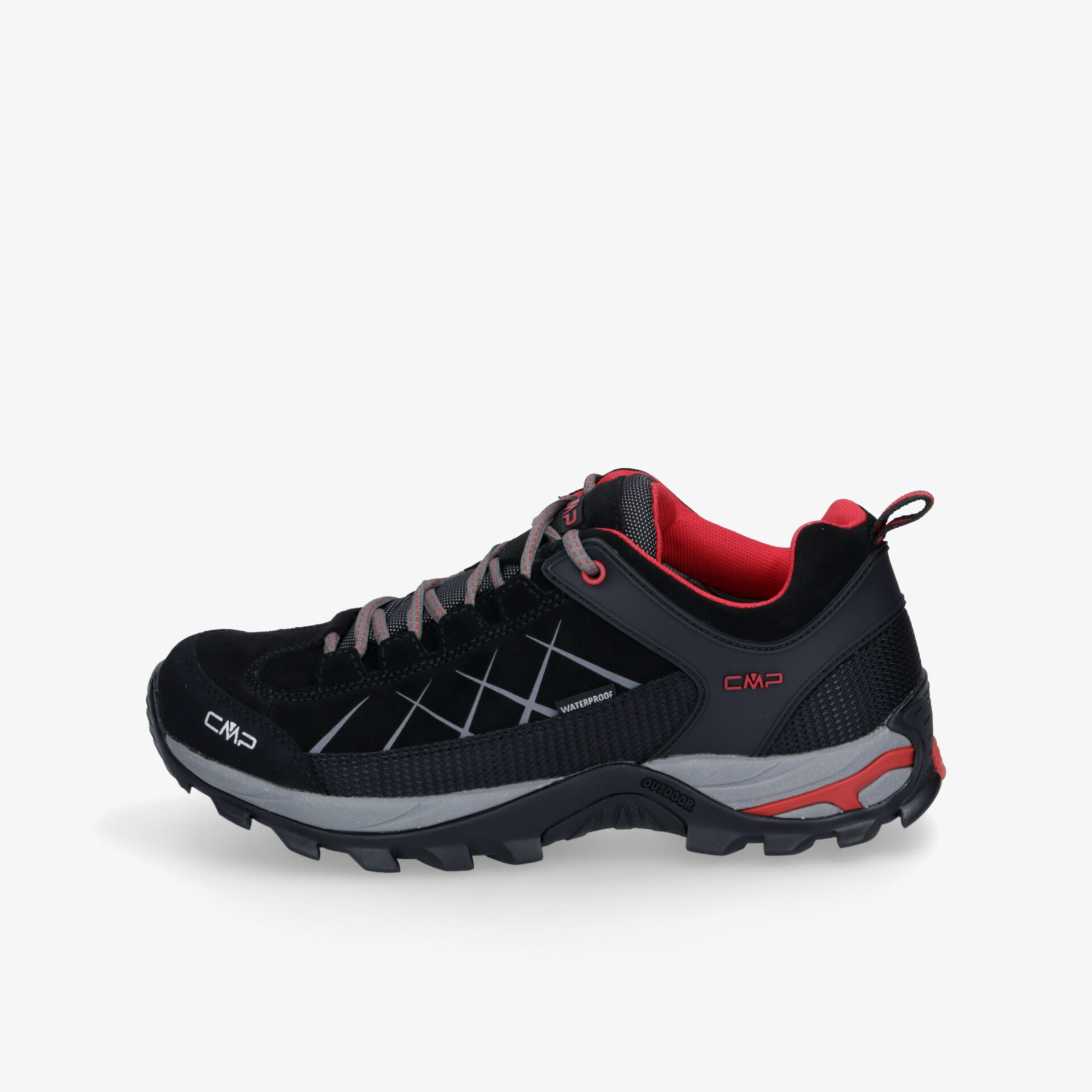 Robuster, atmungsaktiver Outdoor-Trekking-Schuh mit gepolsterter Innenseite und rutschfester Profilsohle in Schwarz, Grau und Rot