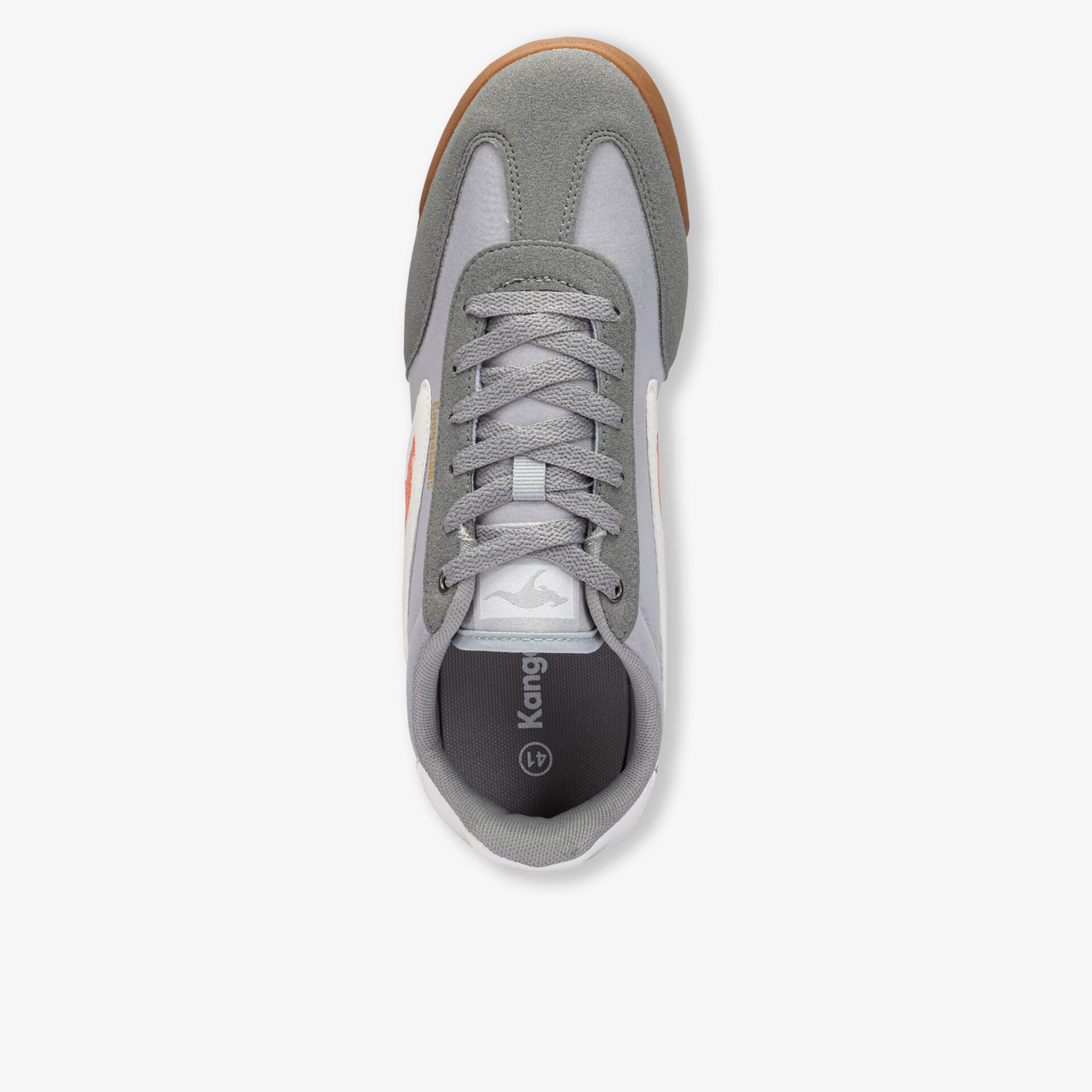 Bequemer grauer Schuh mit leichter Schnürung und sportlicher profilierter Sohle in Draufsicht