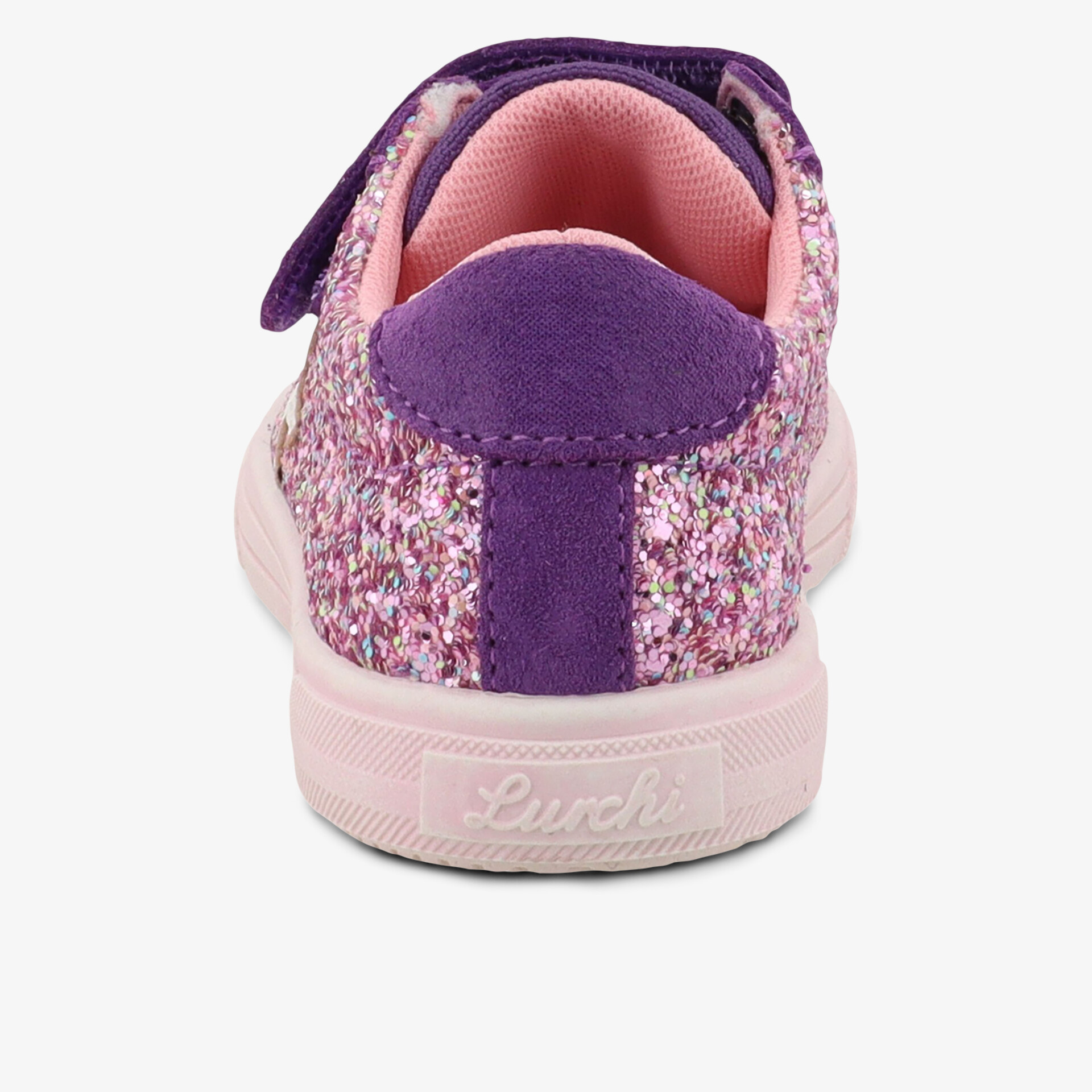 Rückansicht Sneaker mit glitzerndem violett-rosafarbenem Design und praktischem Klettverschluss