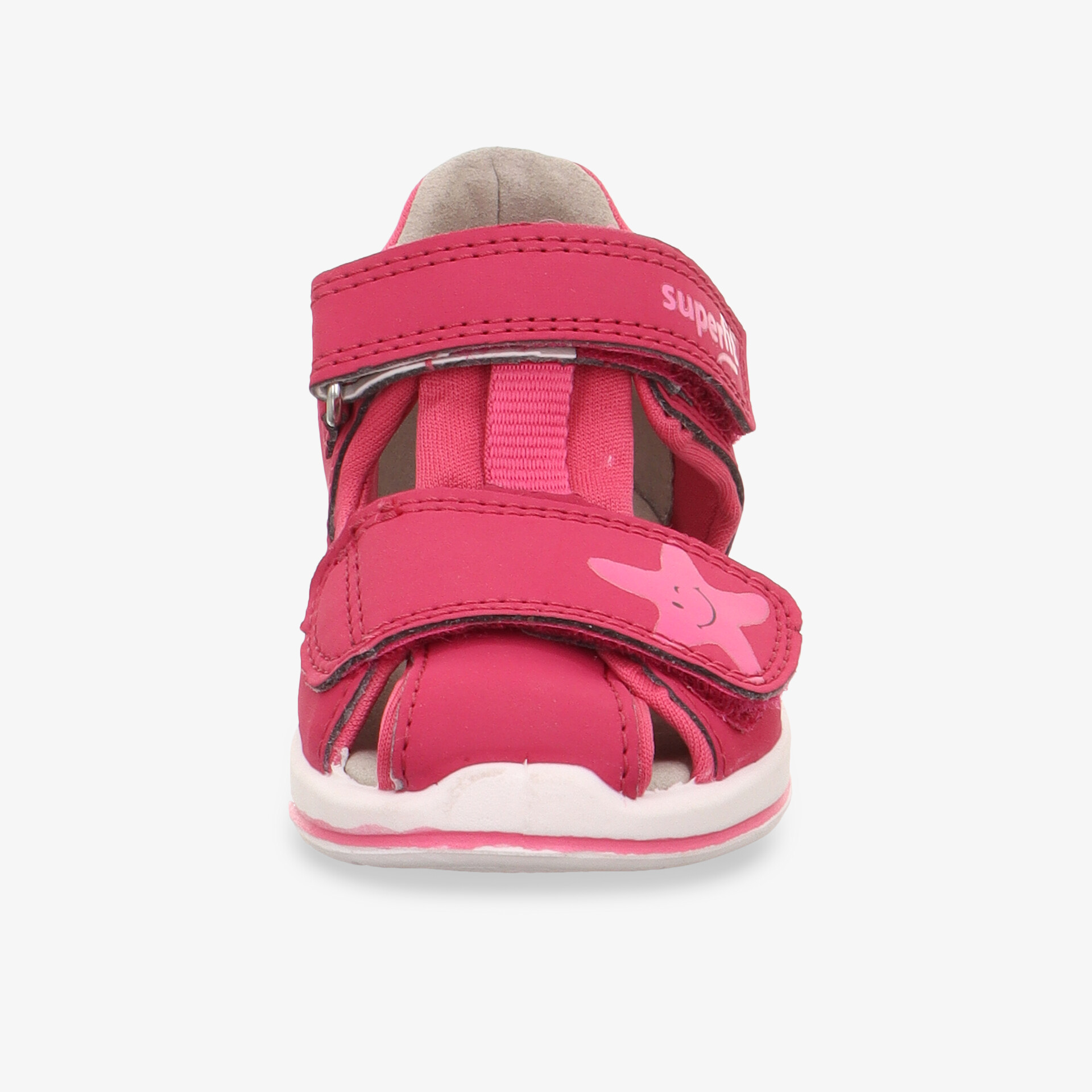 Frontansicht einer rosa Kinder-Sandale mit verstellbaren Klettverschlüssen und offener Zehenpartie für sommerlichen Komfort