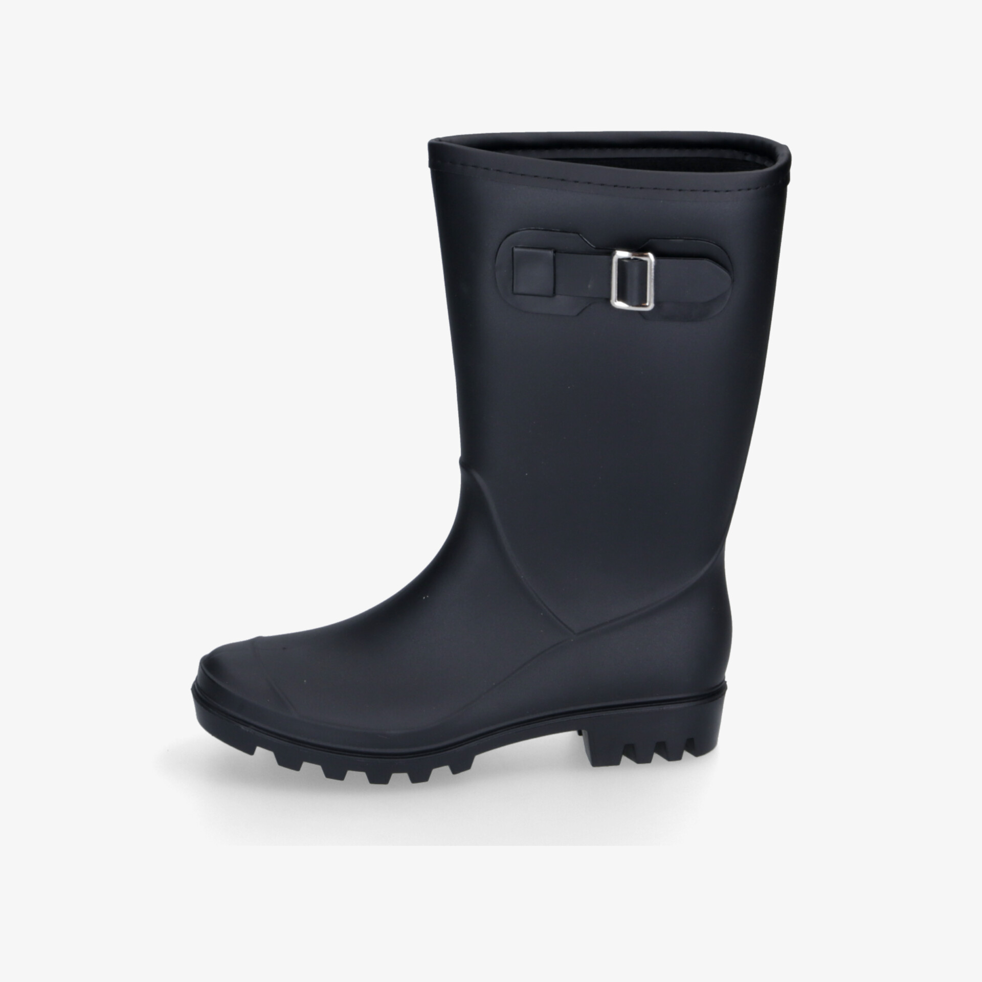 Schwarzer Gummistiefel mit rutschfester Sohle und verstellbarer Schnalle, robuste und wetterfeste Verarbeitung