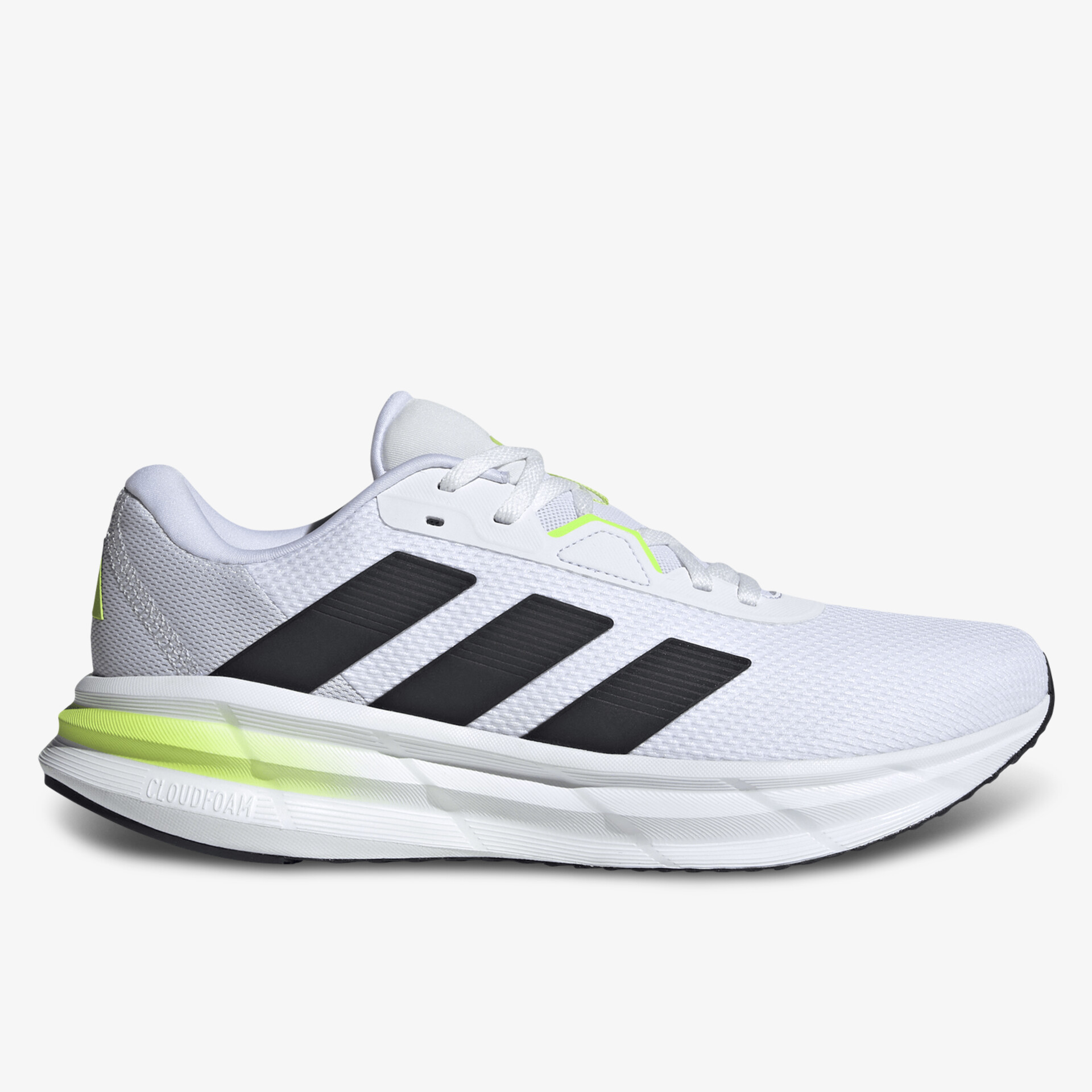 leichter weißer Laufschuh mit schwarzem Streifen und gedämpfter gelber Zwischensohle seitliche Ansicht