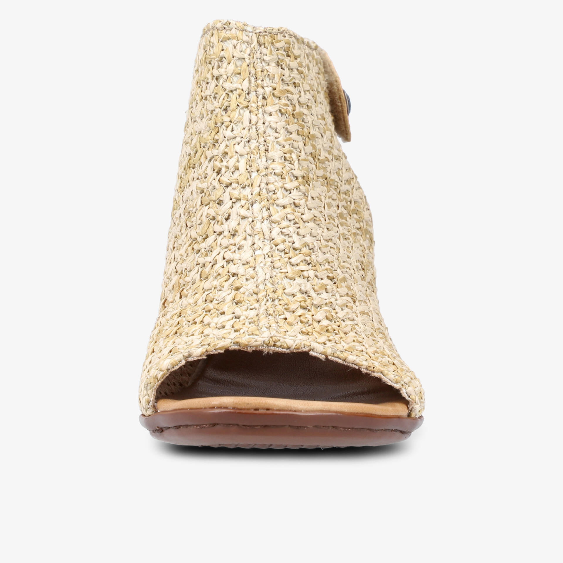 Offener Schuh mit handgeflochtenem Obermaterial, bequeme Passform und natürlicher Optik für luftigen Tragekomfort