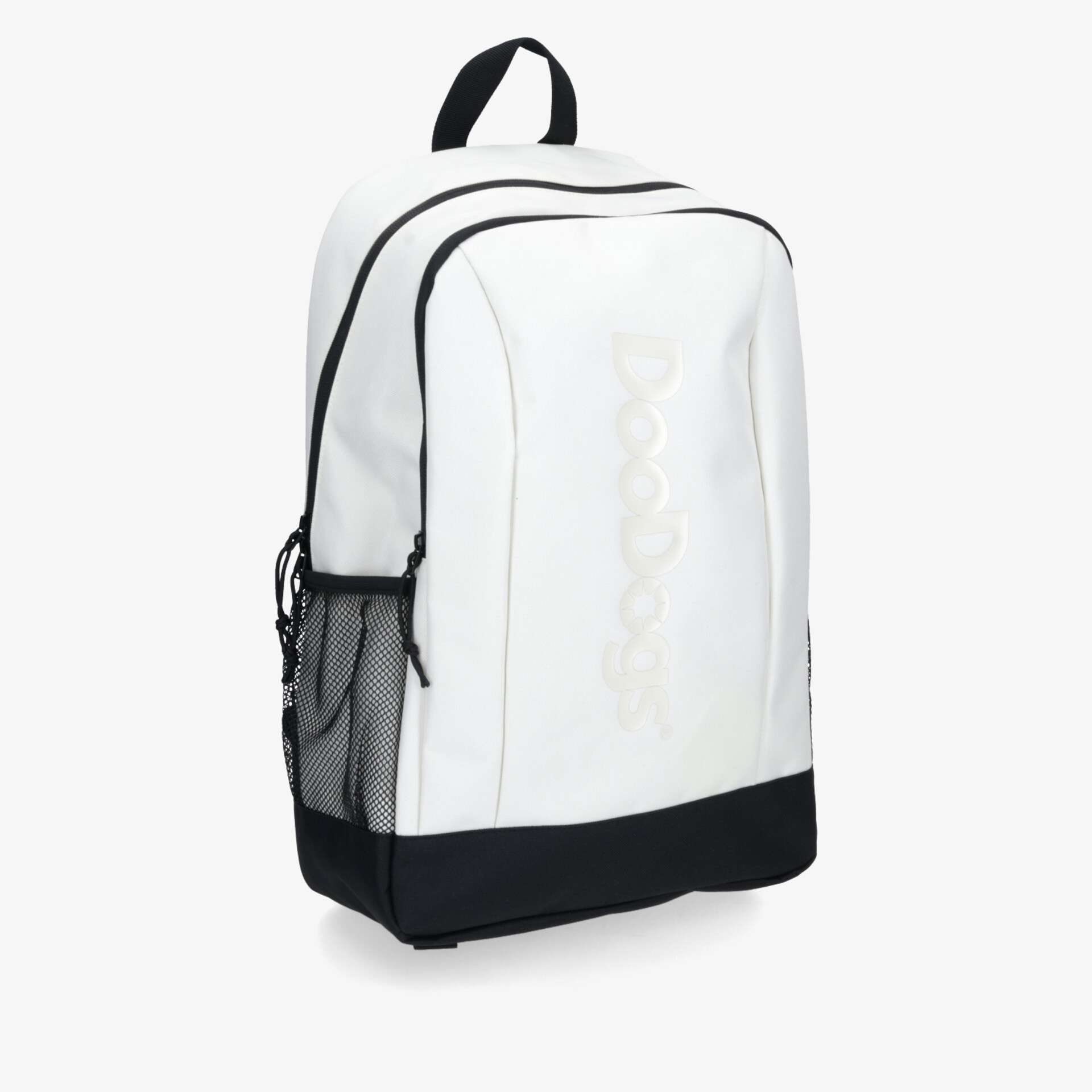 Moderner weißer Rucksack mit schwarzem Boden, klar strukturierte Front, praktische Seitentaschen und robustes Material