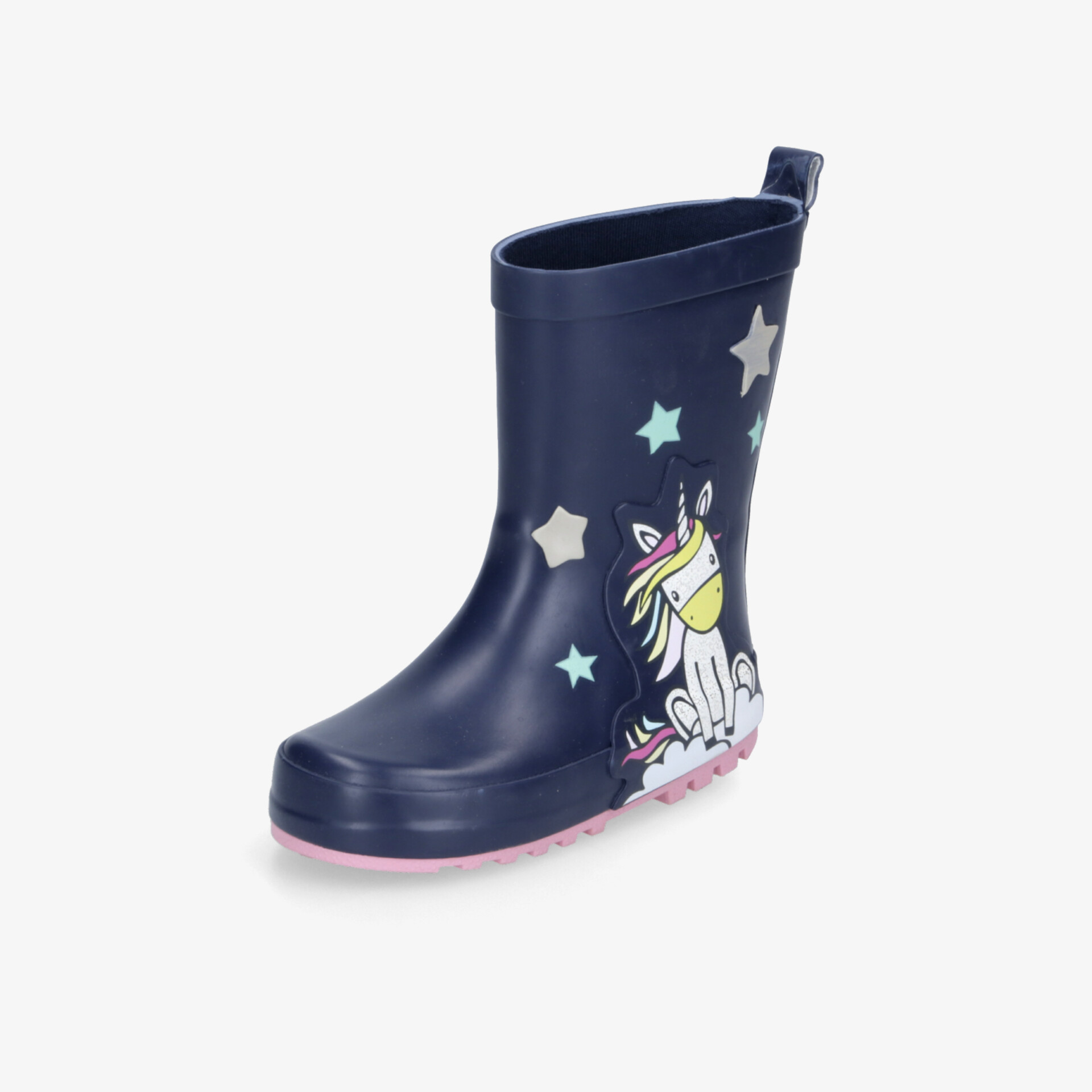 Dunkelblauer Gummistiefel mit Einhornmotiv und Sternen, wasserfest und rutschfeste Sohle, bequem und robust