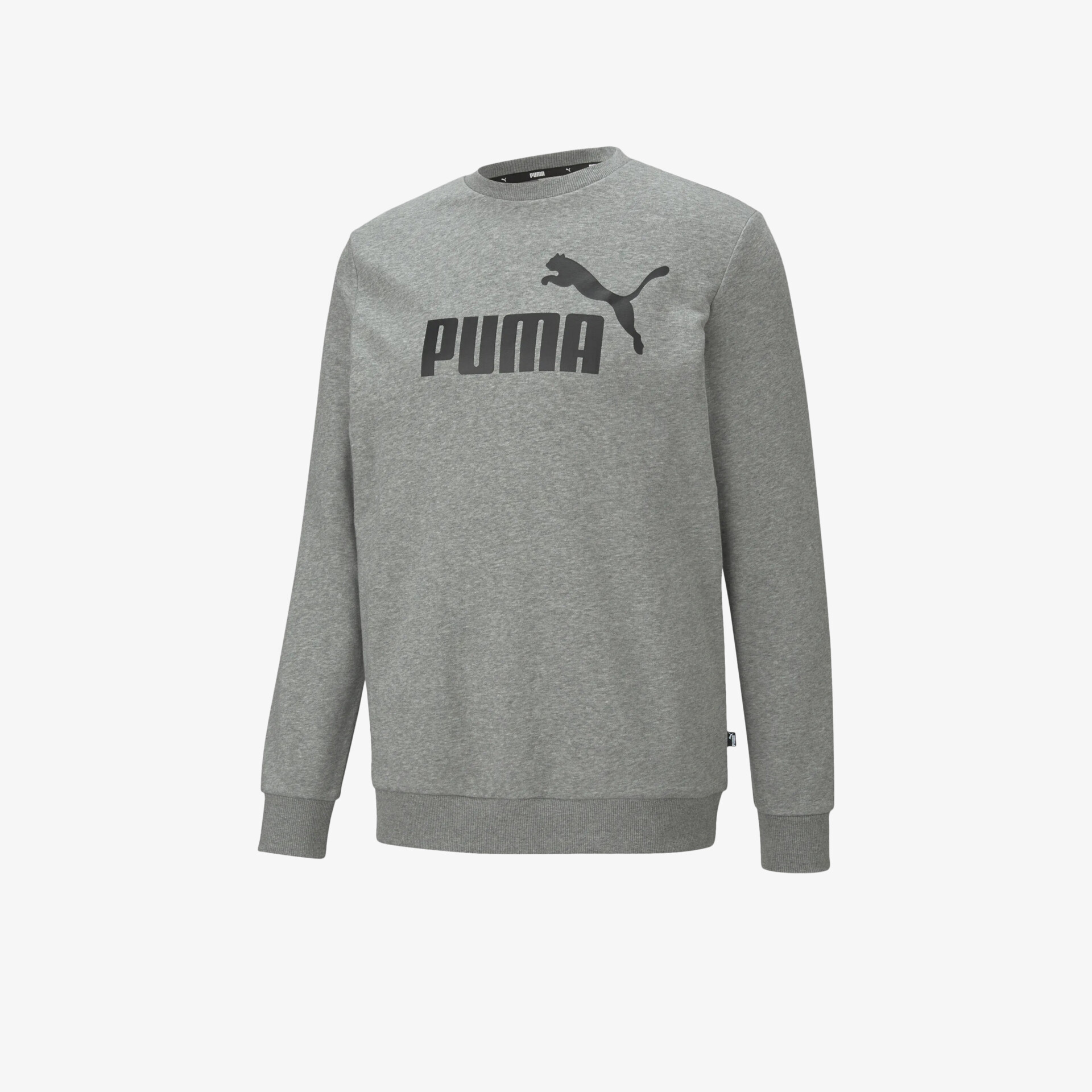 Grauer Puma Pullover mit Rundhalsausschnitt und großem Logo vorne, bequemer sportlicher Schnitt für Freizeit