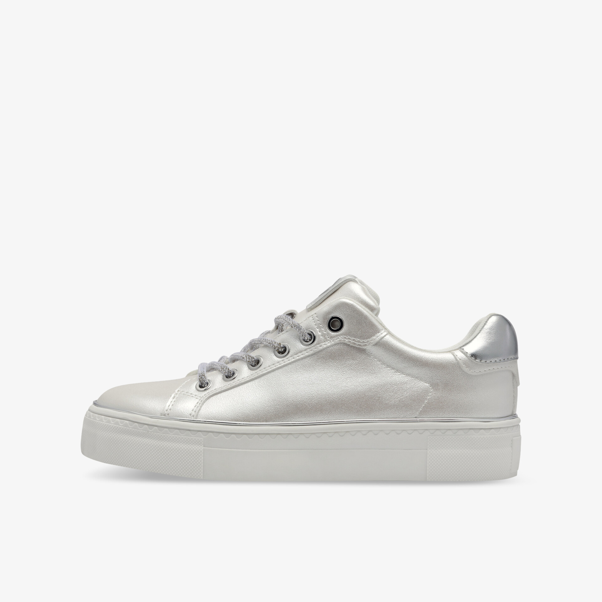 Silberner Sneaker aus Leder mit Schnürsenkeln und rutschfester Sohle, sportlich und bequem