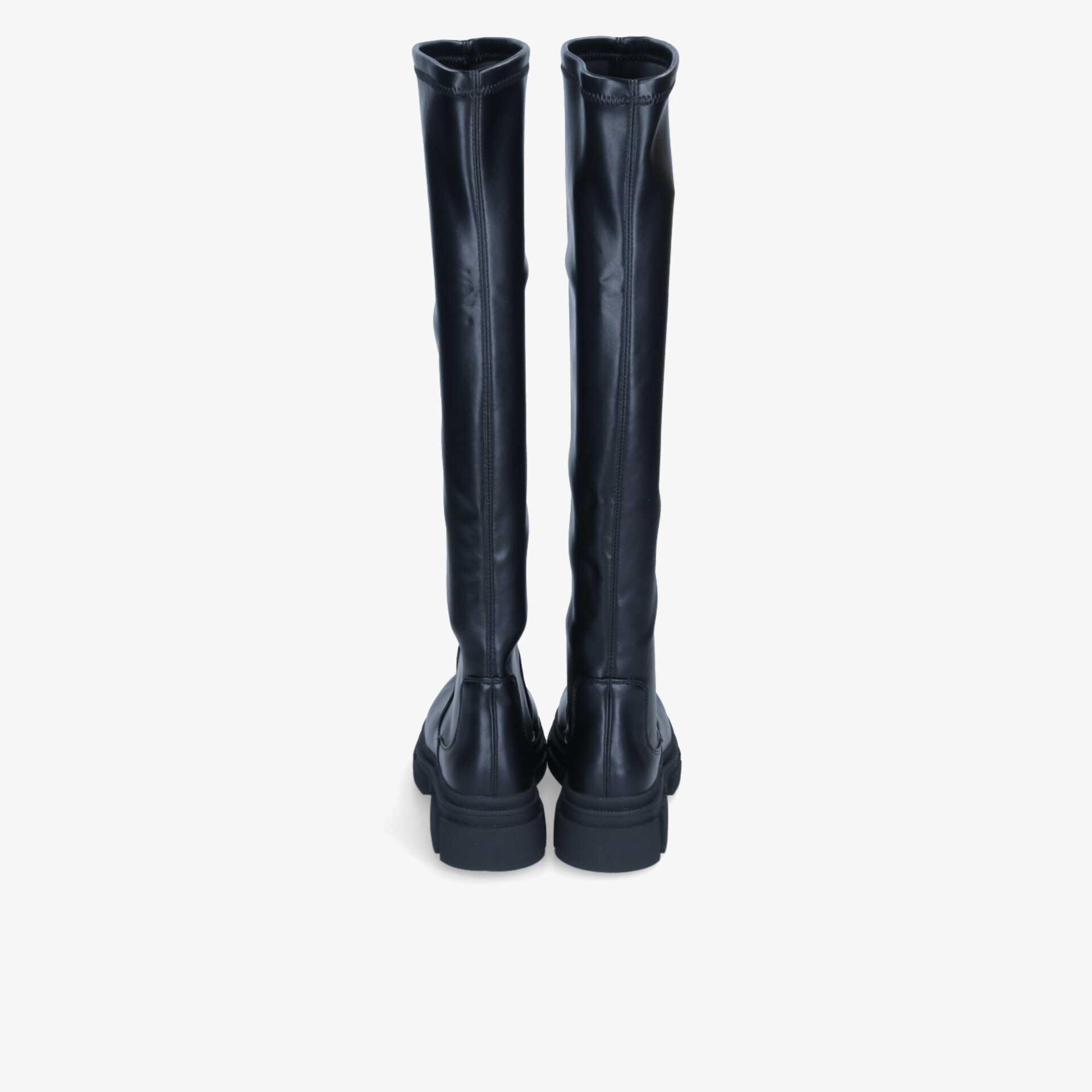 Elegante schwarze Stiefel mit hohem Schaft und robustem Absatz, Rückansicht, glattes hochwertiges Leder
