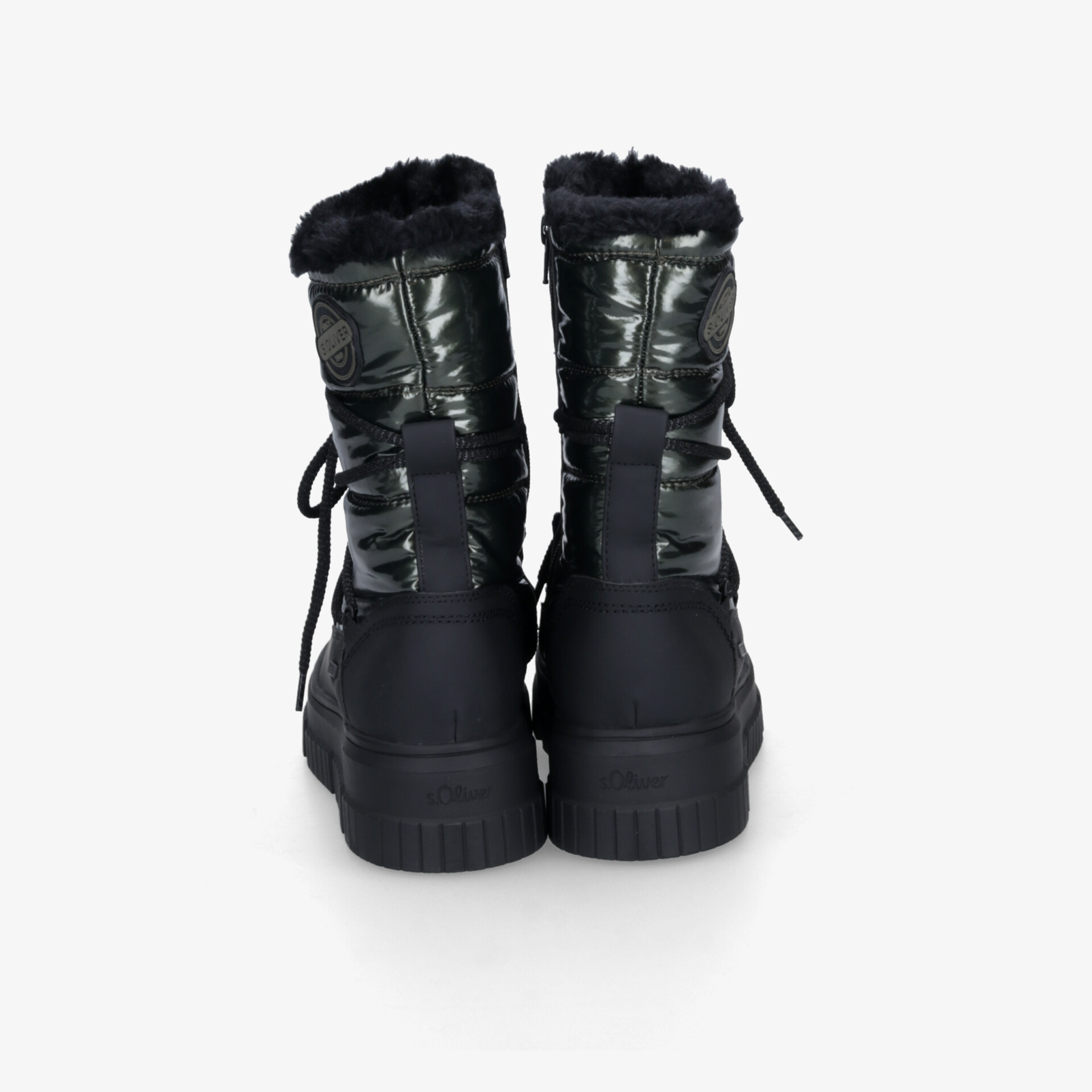 Schwarze Winterstiefel mit warmem Fellfutter und Schnürung, rutschfeste Sohle, robust und komfortabel, Rückansicht