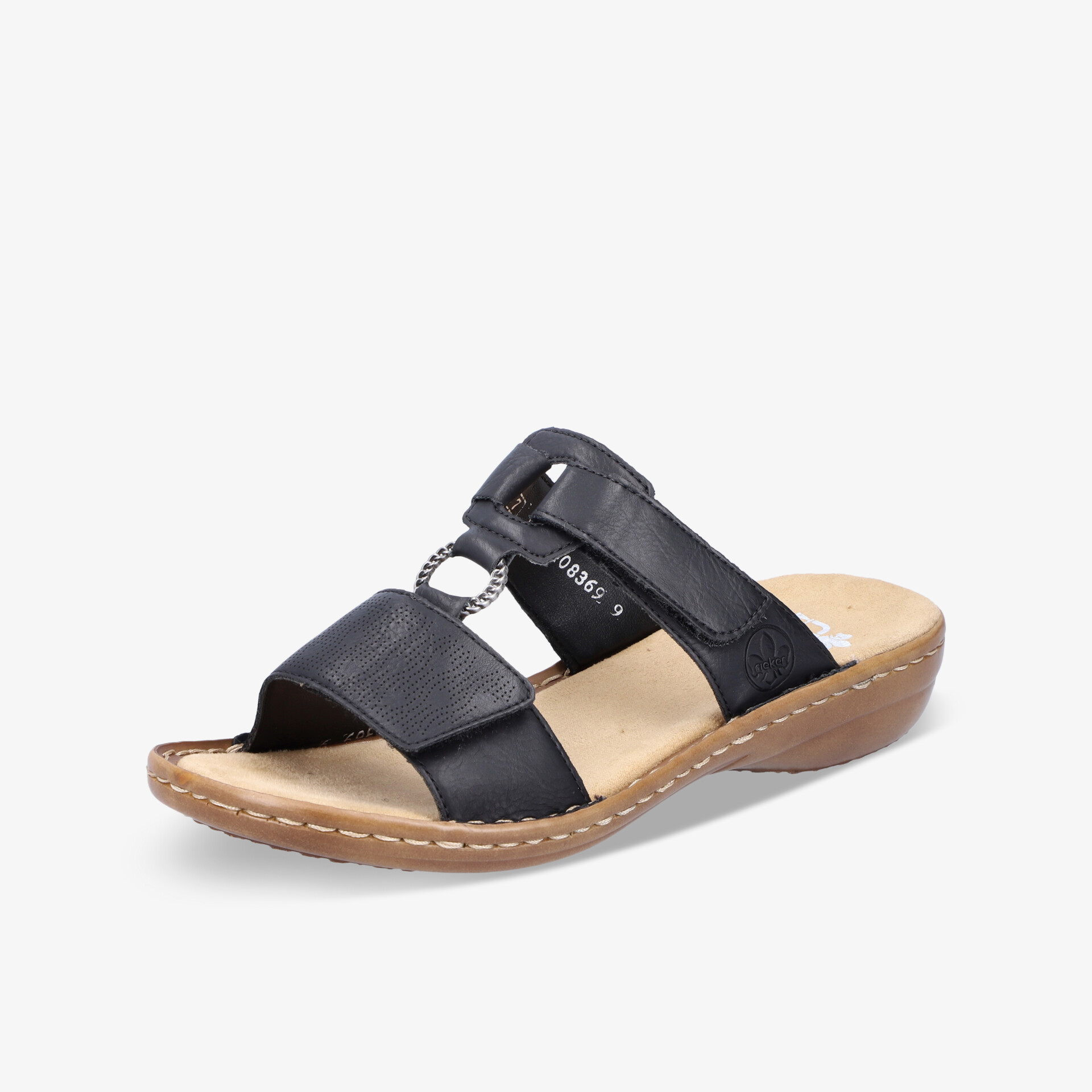 Bequeme schwarze Pantolette mit rutschfester Sohle, verstellbarem Klettverschluss und leichtem Keilabsatz für optimalen Tragekomfort