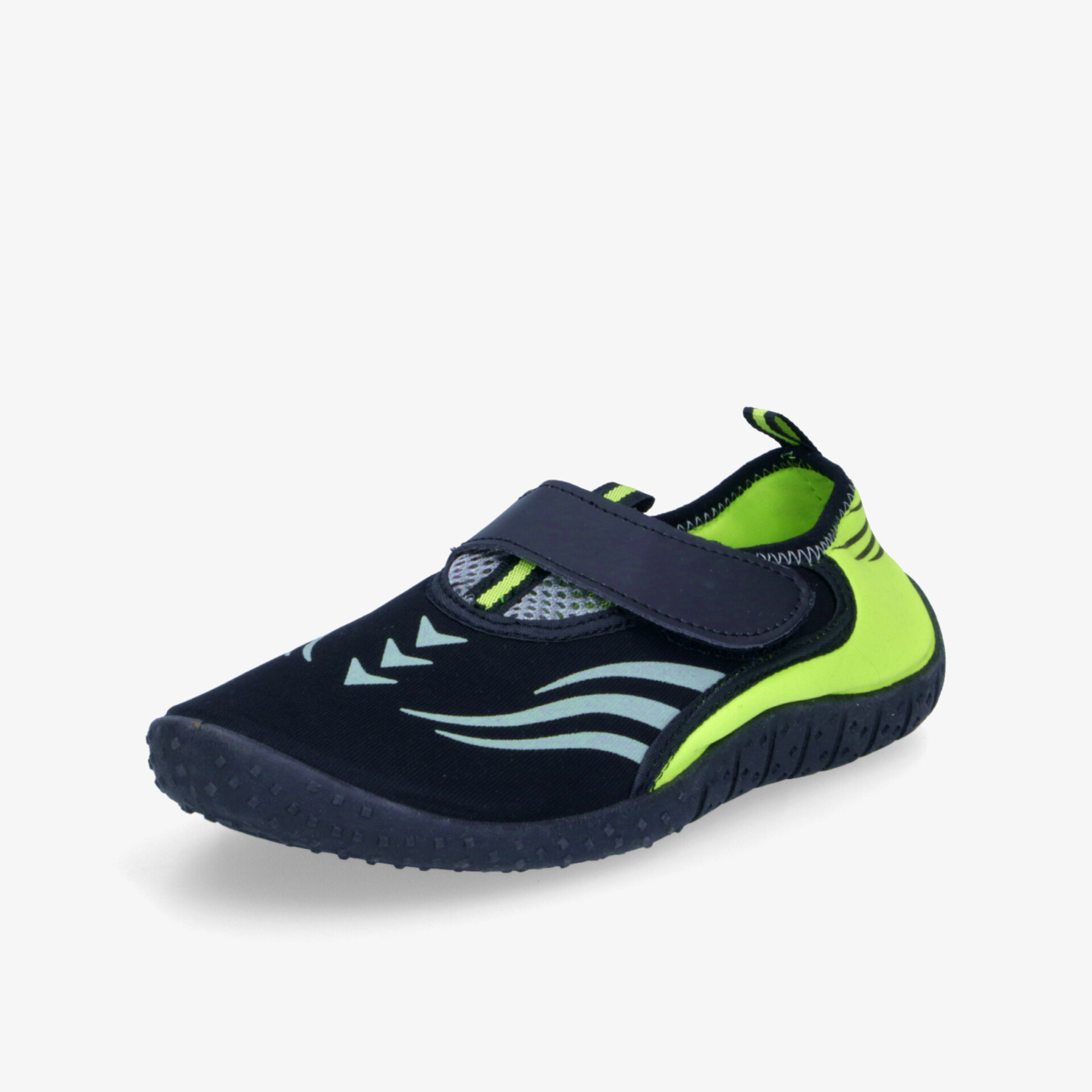 Schwarzer und neongrüner leichter Wasserschuh mit rutschfester Sohle und elastischem Klettverschluss