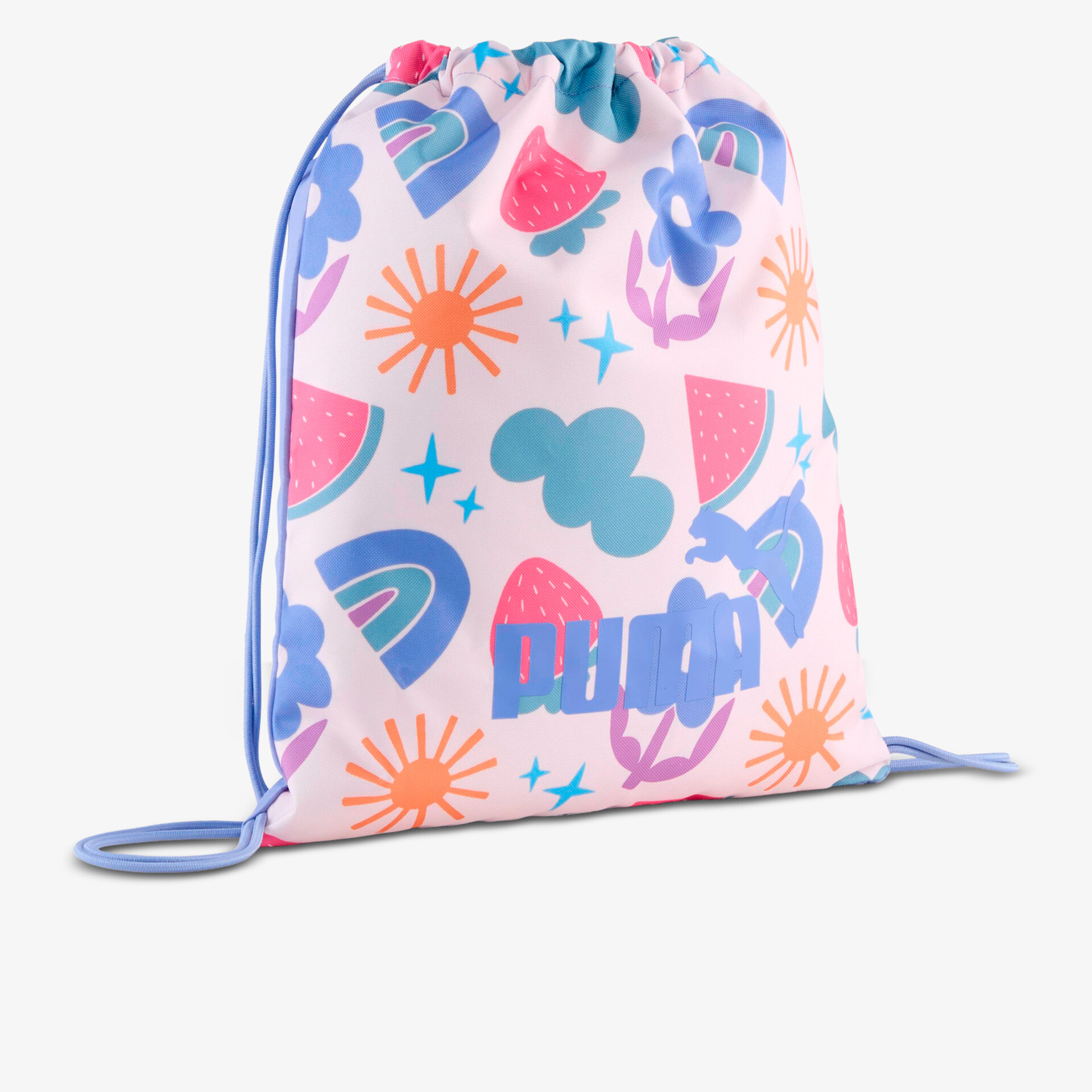 Leichter Turnbeutel mit farbenfrohem Muster aus Sonne, Regenbogen und Früchten, ideal für Alltag und Freizeit