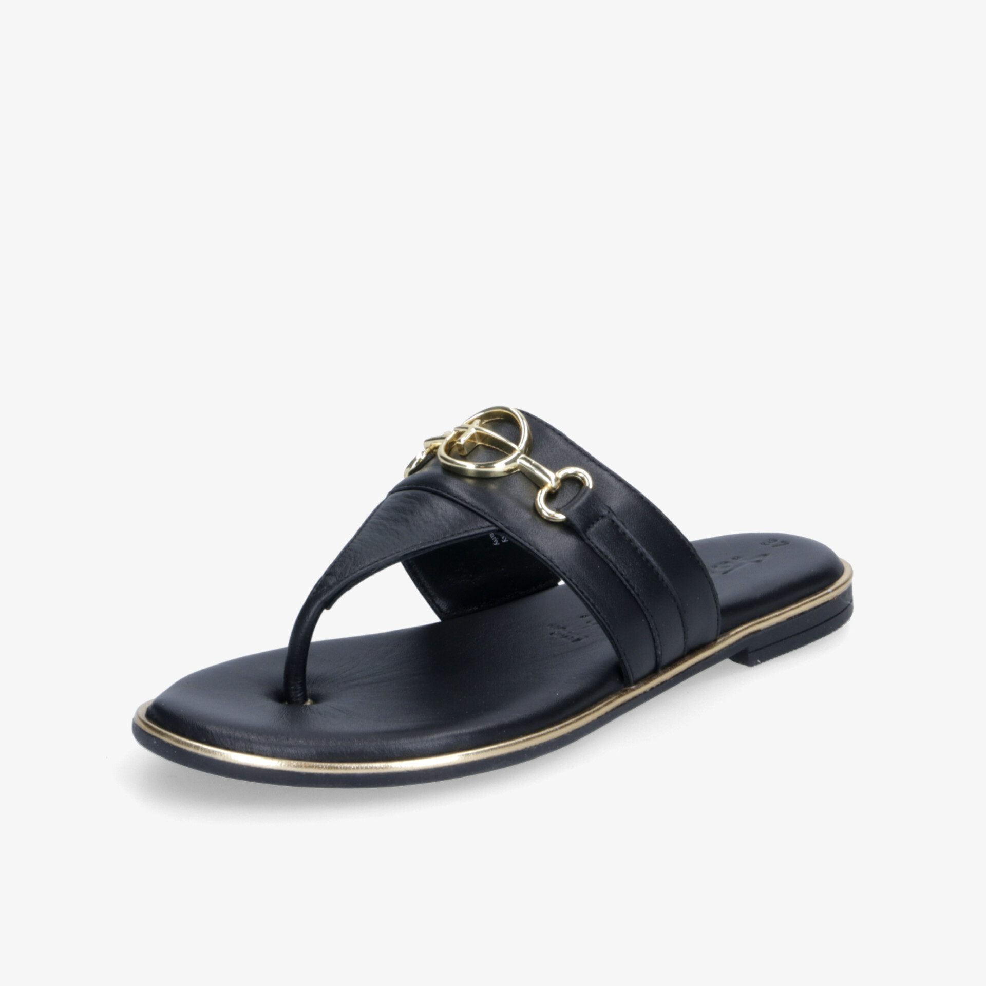 Elegante schwarze Ledersandale mit goldener Schnalle, bequemer Zehensteg und modischer Riemen