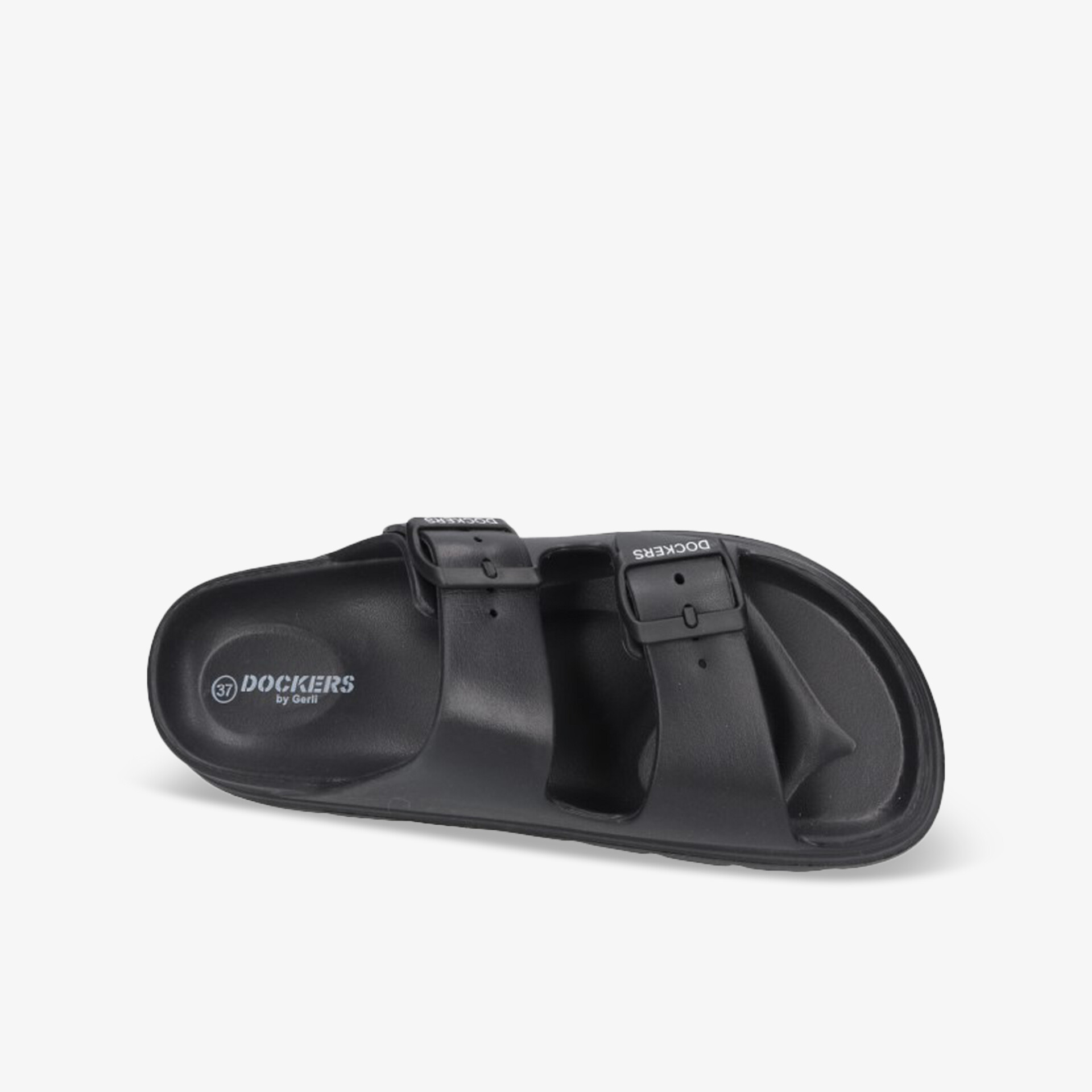 Schwarze, bequeme Sandale mit zwei verstellbaren Schnallen und rutschfester Sohle in Draufsicht