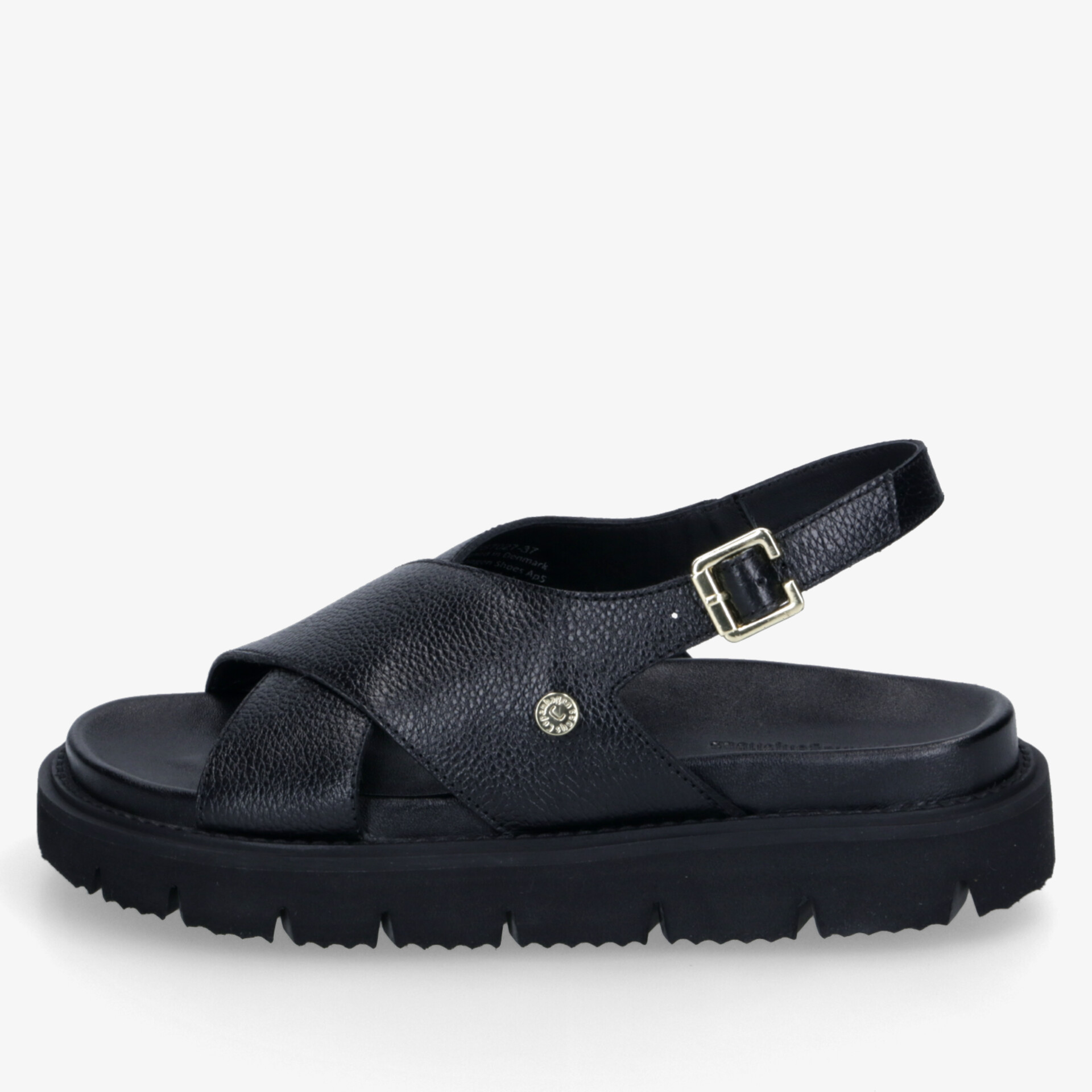 Schwarze Sandale mit verstellbarem Riemen und robuster, gepolsterter Sohle für hohen Tragekomfort