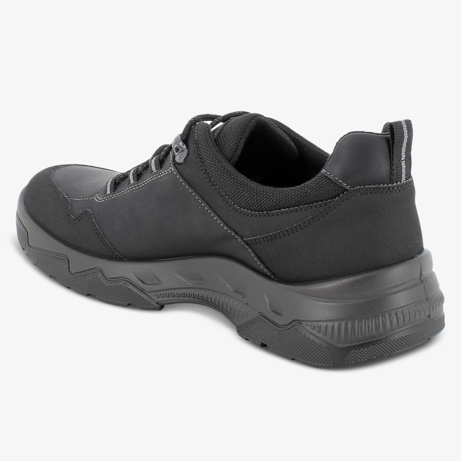 Schwarzer robuster Schuh aus Leder mit sportlicher, griffiger Sohle, seitliche Ansicht