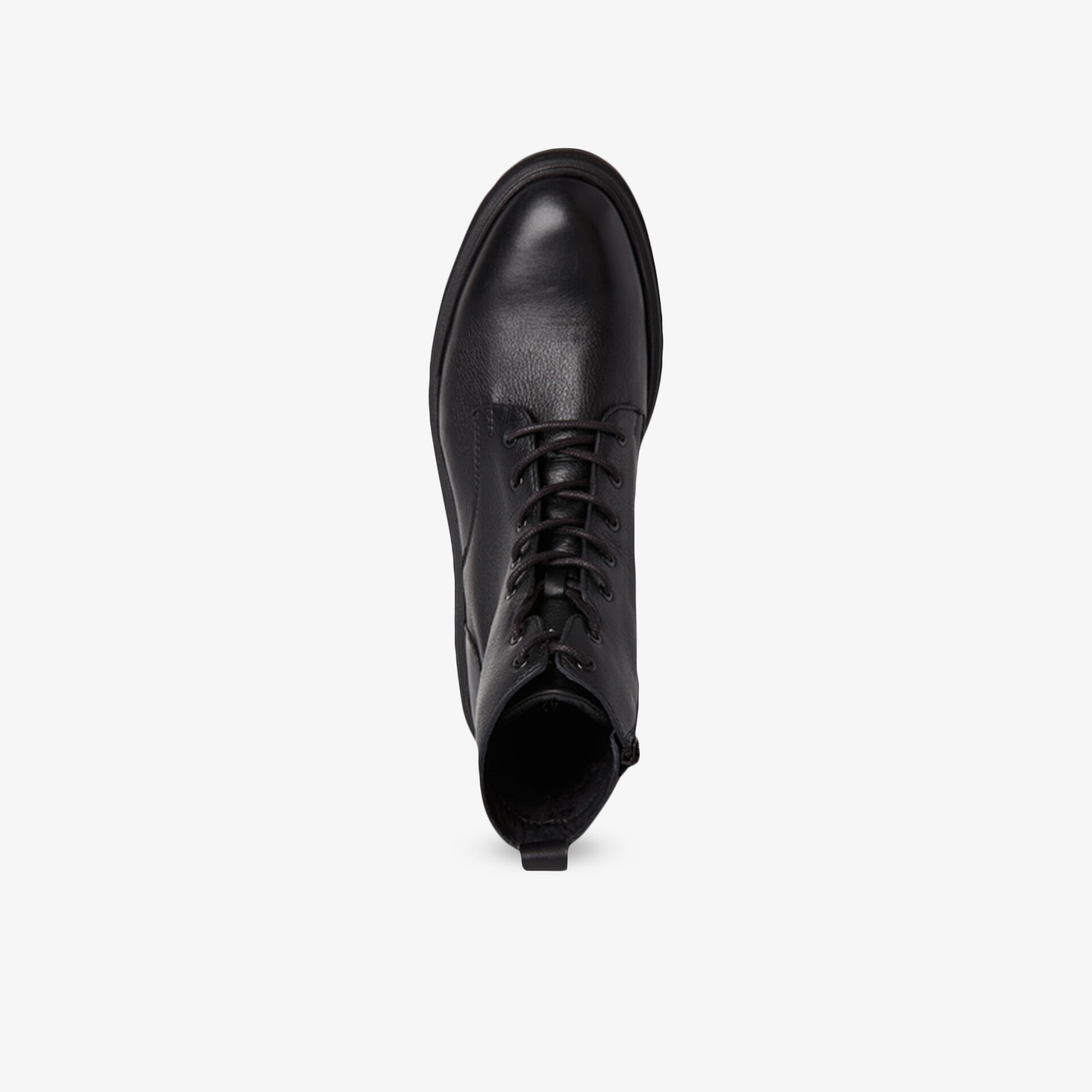 Schwarzer eleganter Schnürstiefel mit glattem Leder und hohem Schaft, klare Frontansicht