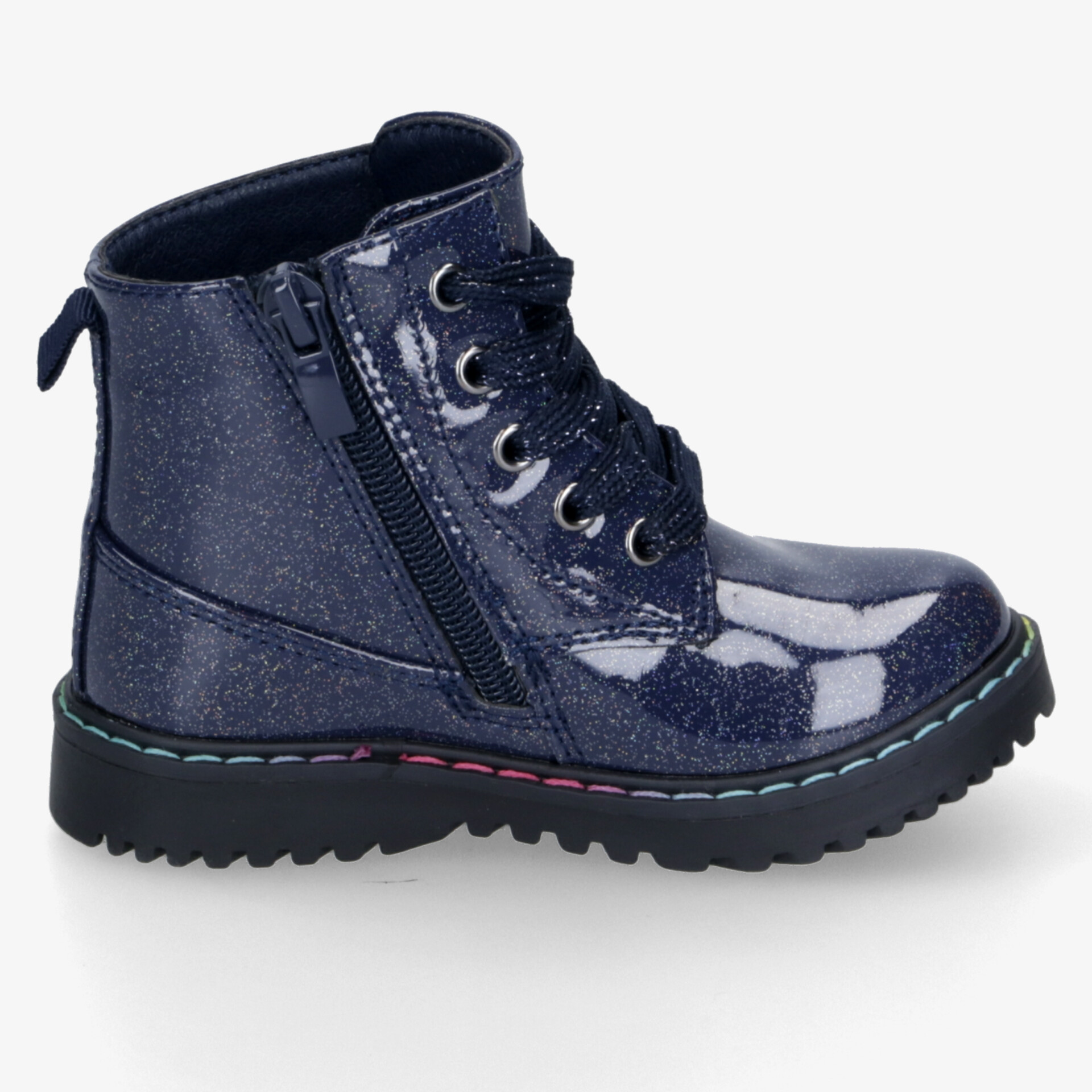 Dunkelblauer Hochschaft-Stiefel mit praktischem Reißverschluss und robuster, profilierter Sohle, glänzende Oberfläche