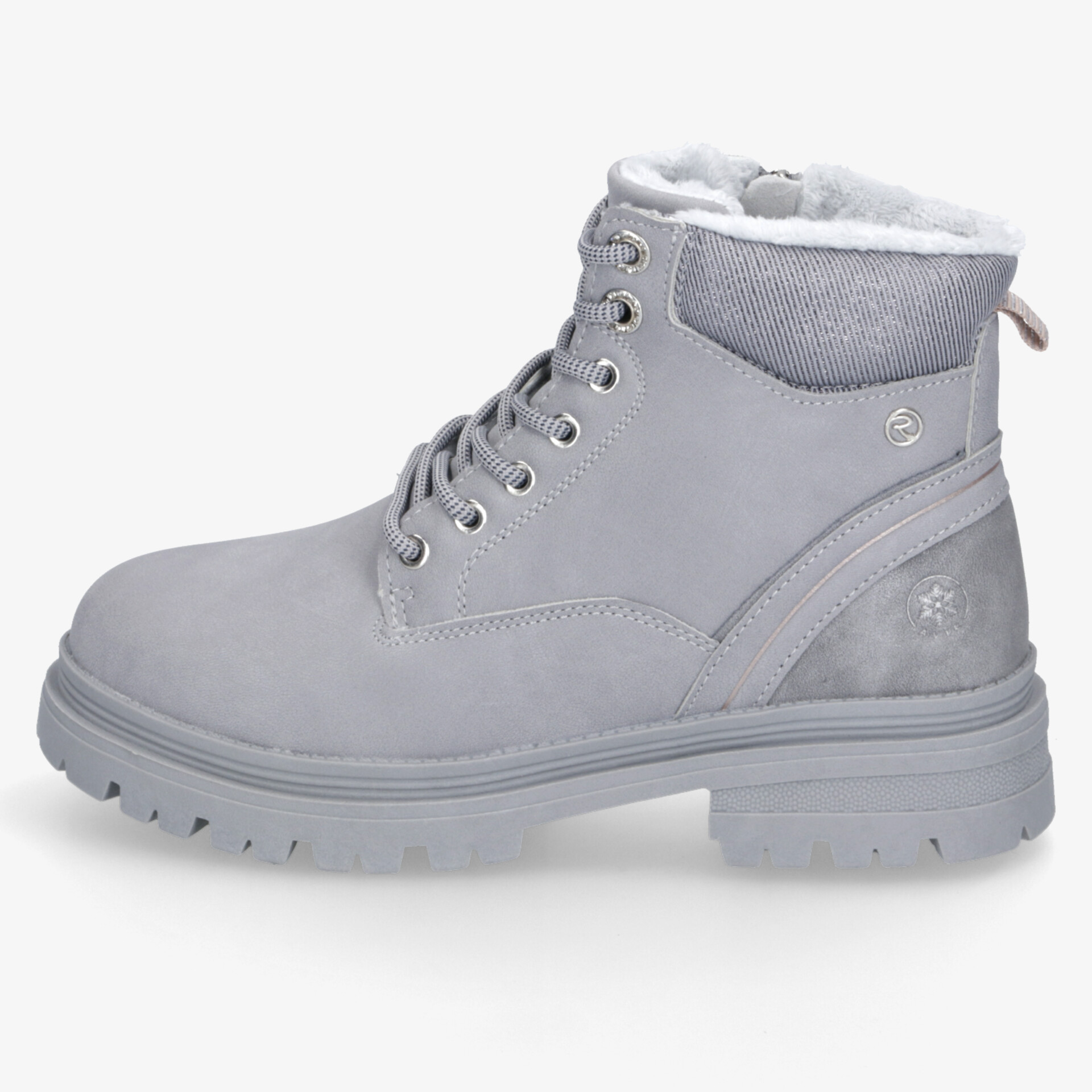 Robuster grauer Winterstiefel mit warmem Futter und blockiger Sohle für angenehmen Tragekomfort