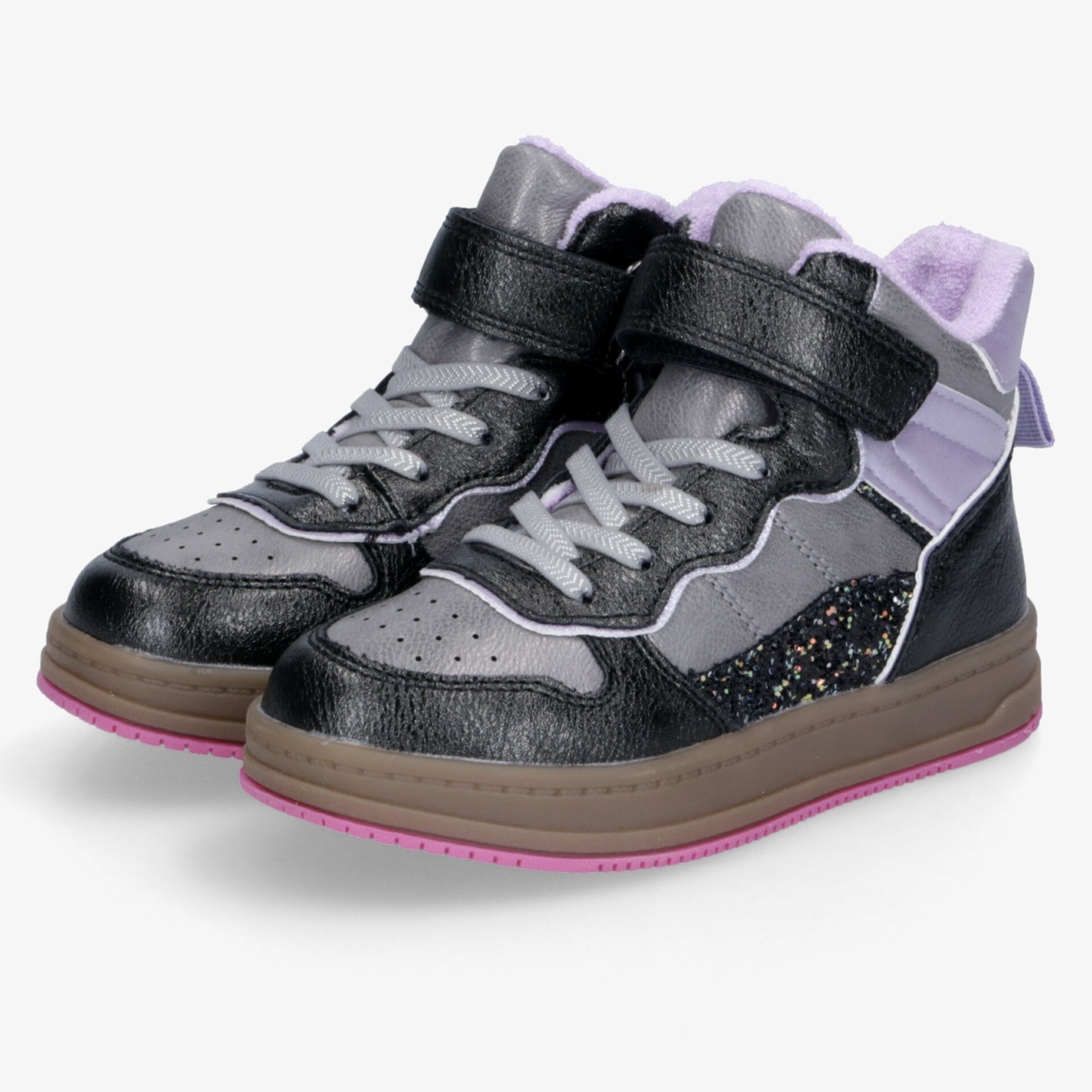 Sportliche hochgeschnittene Sneaker in Schwarz und Lila mit robuster Sohle und verstellbarem Klettverschluss