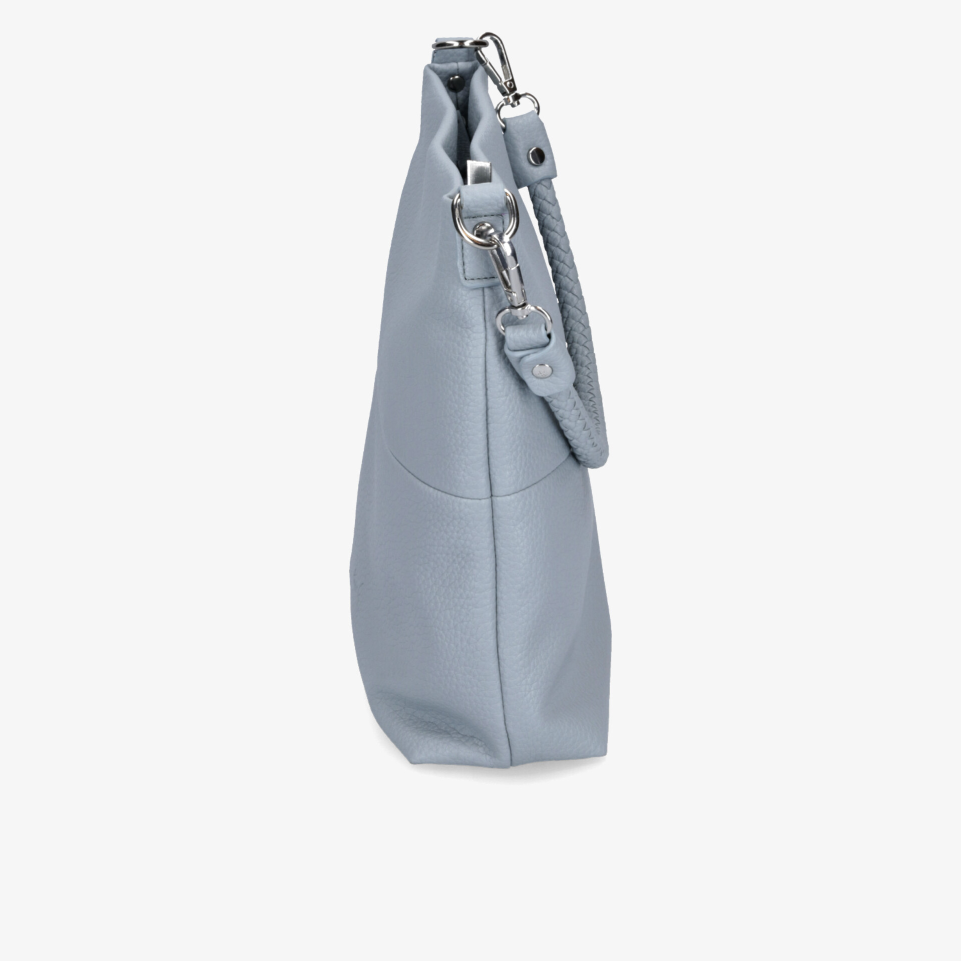 Elegante graue Ledertasche mit robusten Metallbeschlägen und verstellbarem Schulterriemen, seitliche Ansicht