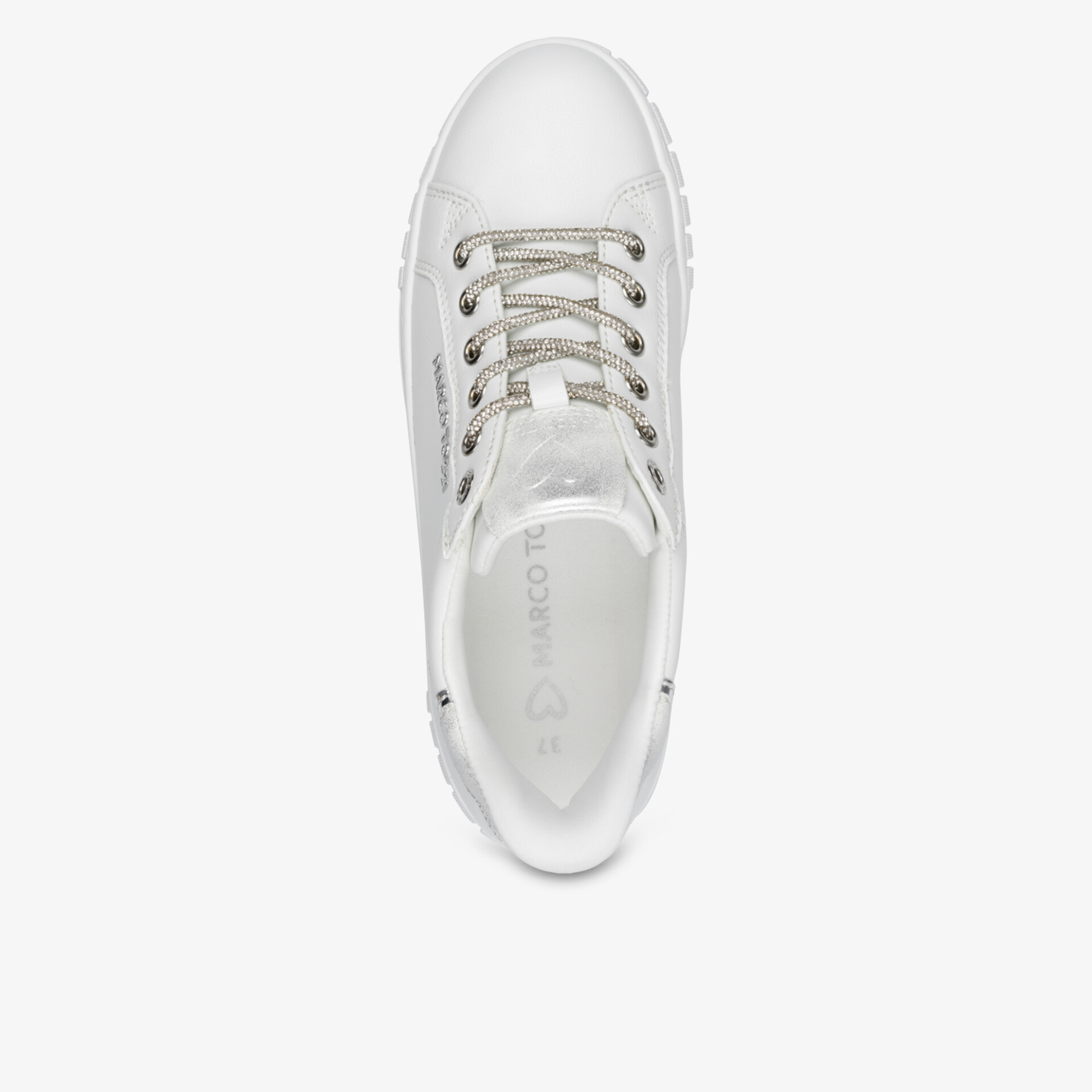 Weißer Sneaker mit eleganter Schnürung und glattem Obermaterial in klarer Draufsicht