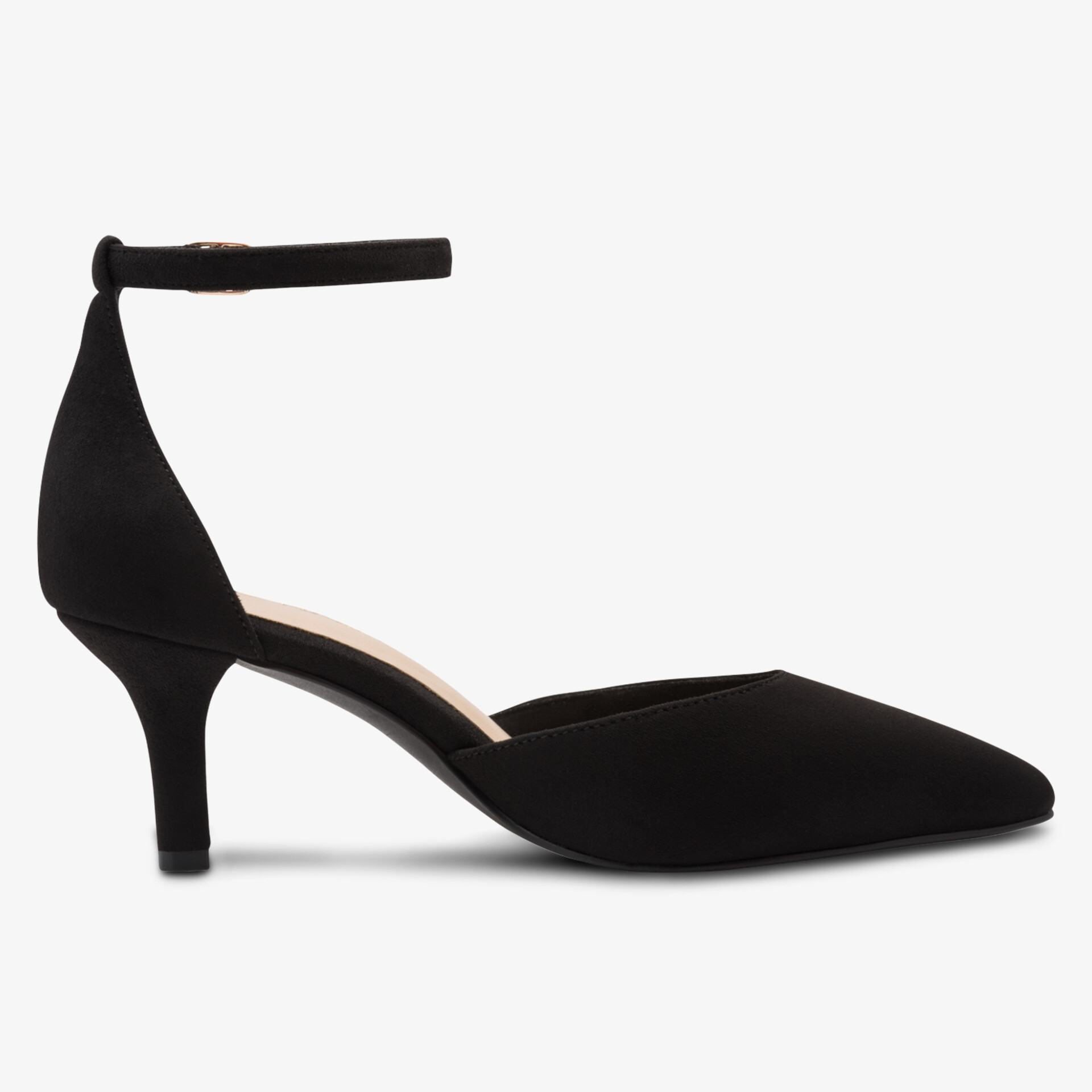 Eleganter schwarzer Pumps mit spitz zulaufender Form und attraktivem Knöchelriemen, niedriger Absatz für Komfort