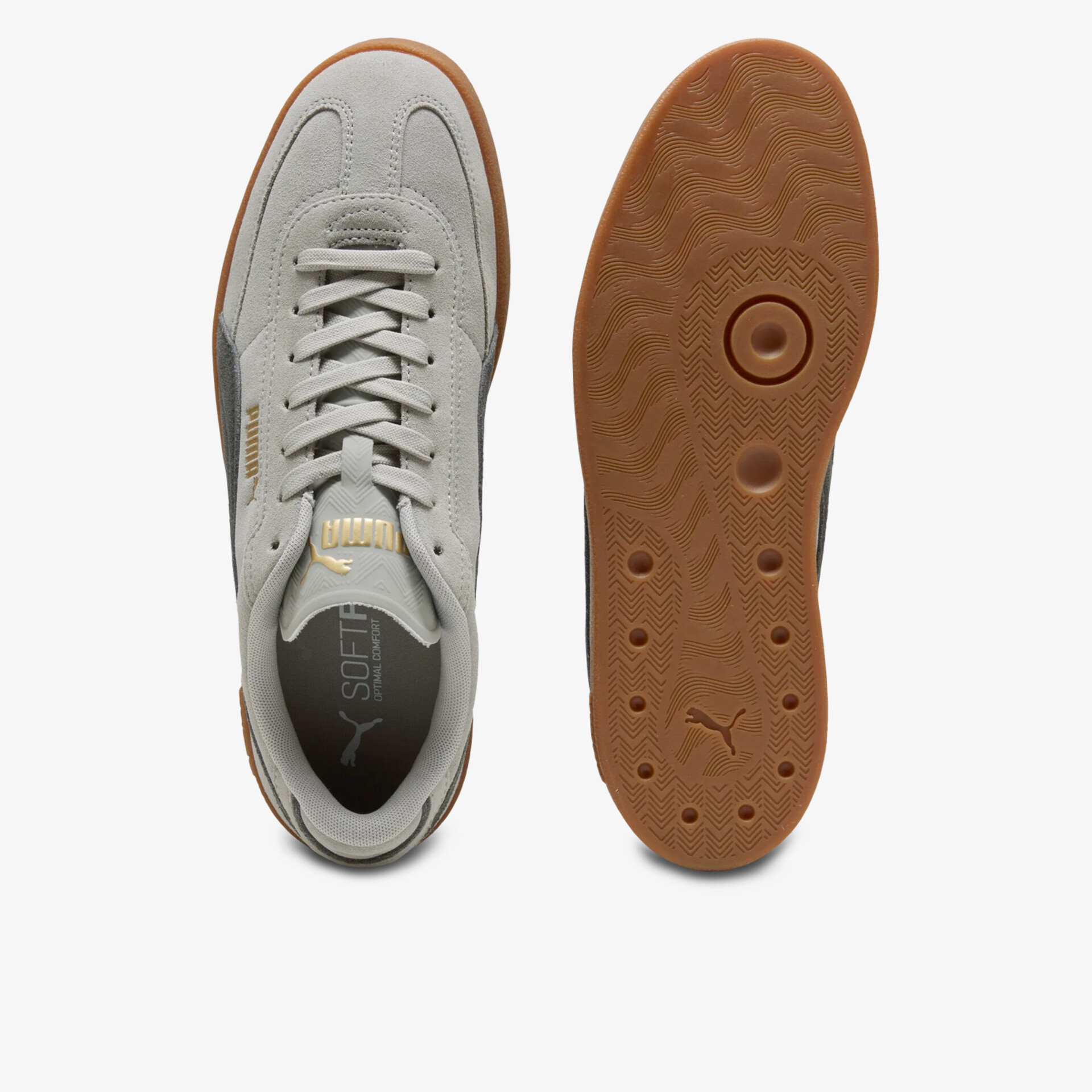 Grauer Sneaker mit rutschfester brauner Gummisohle und klassischer Schnürung in Draufsicht von oben