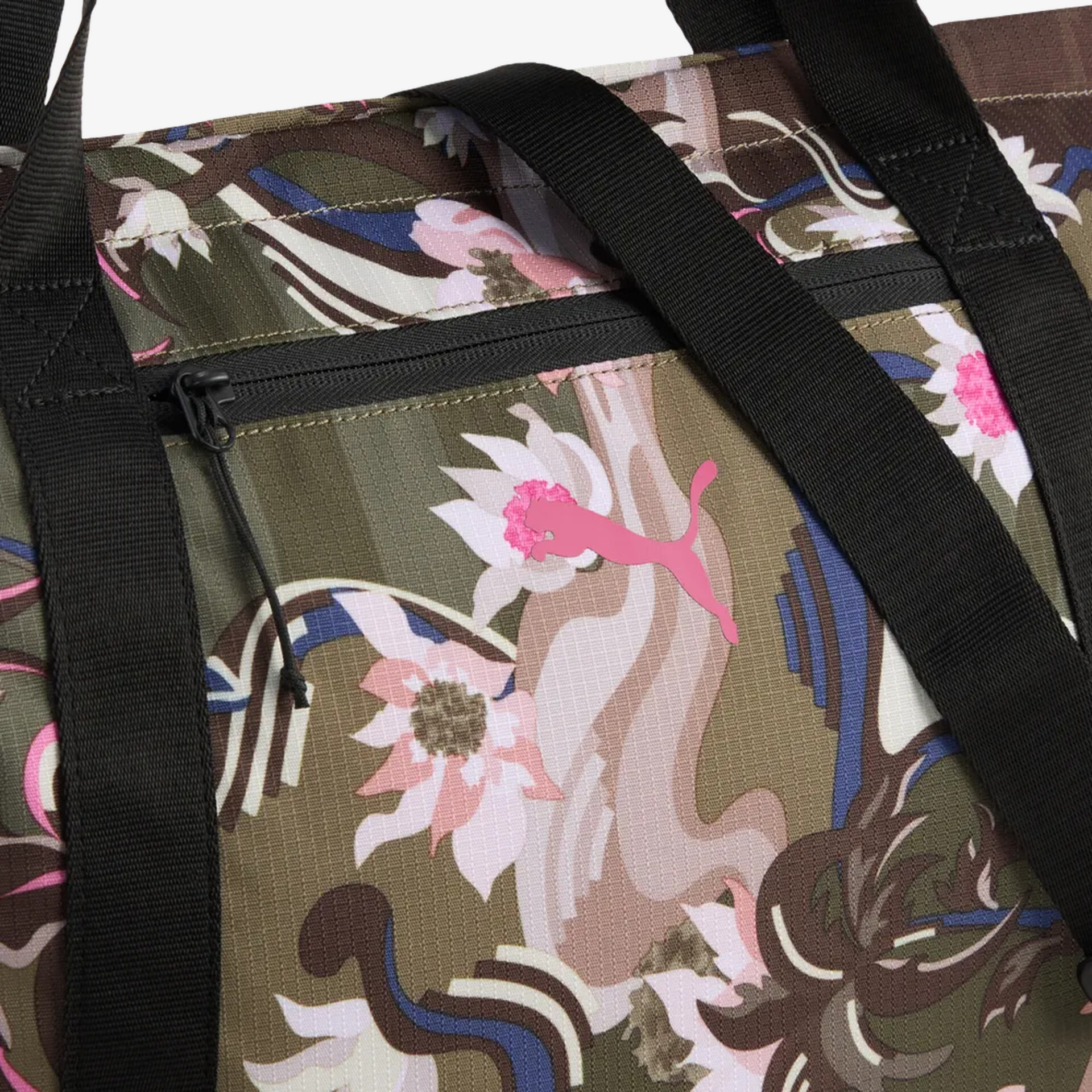 Detailaufnahme einer Tasche mit floralem Muster, Reißverschluss und stabilen schwarzen Trägern