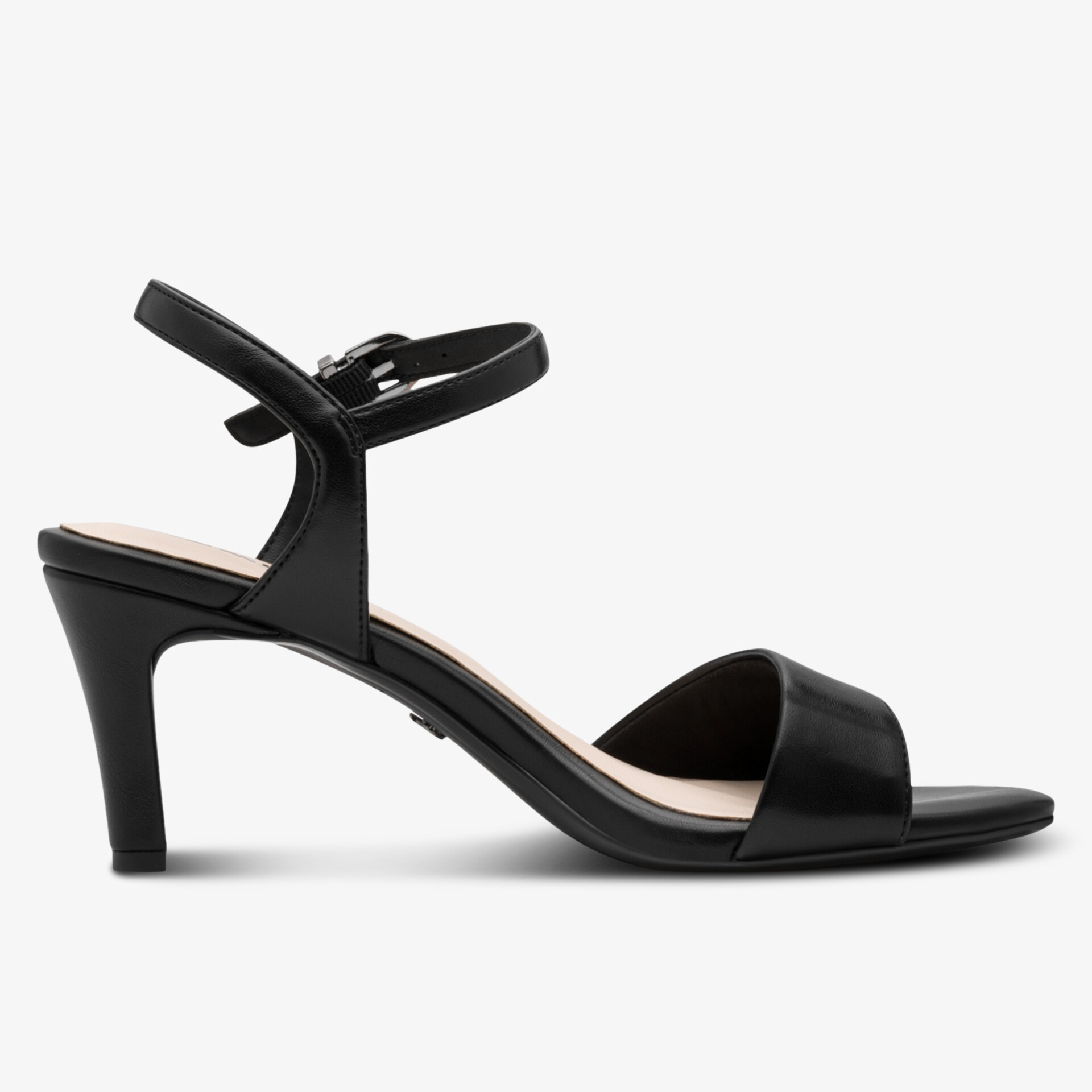 Schwarze Riemchensandalette mit mittelhohem Absatz und offenem Zehenbereich, elegant und bequem