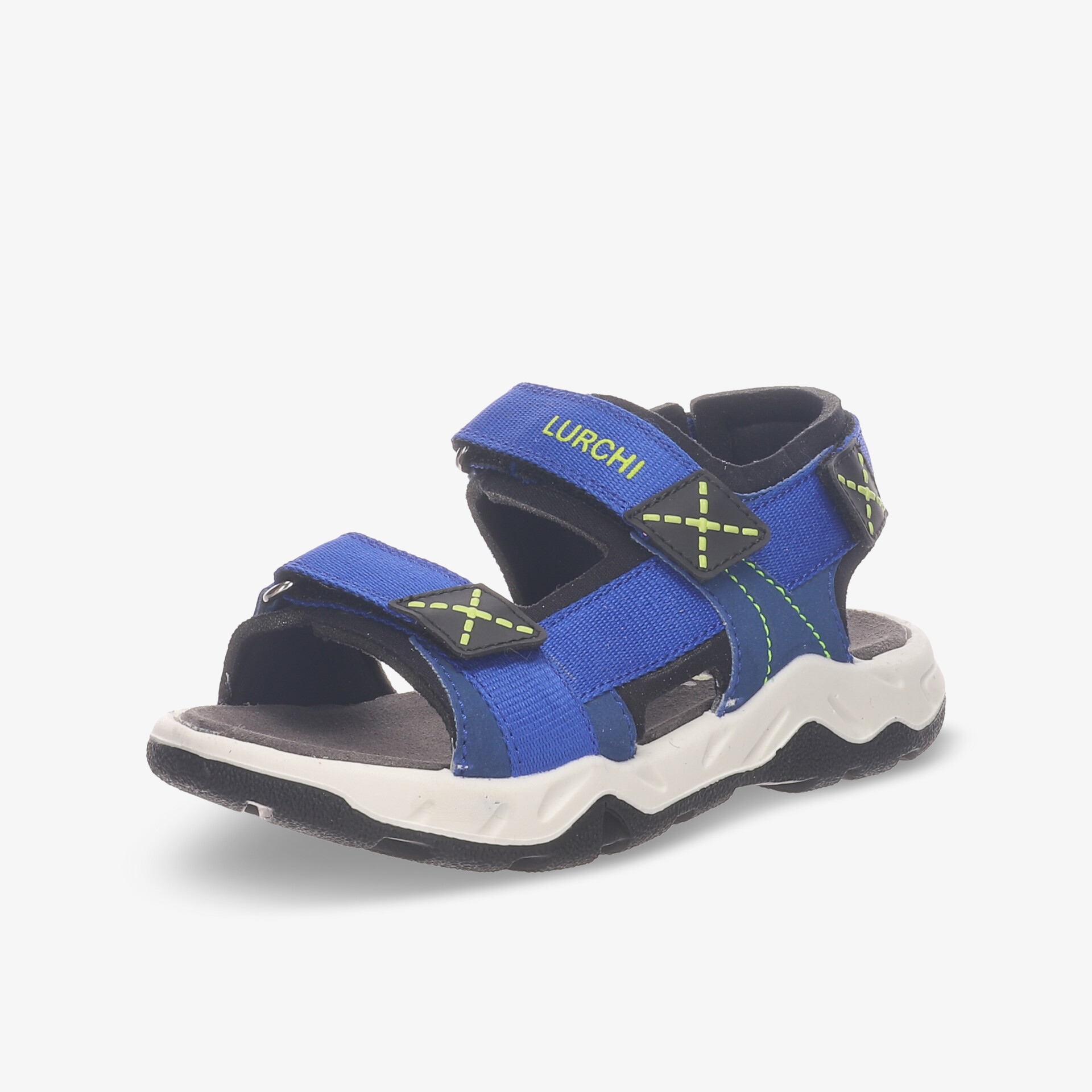 Blaue Sandale mit Klettverschluss und gepolsterter Sohle für optimalen Komfort und Halt.