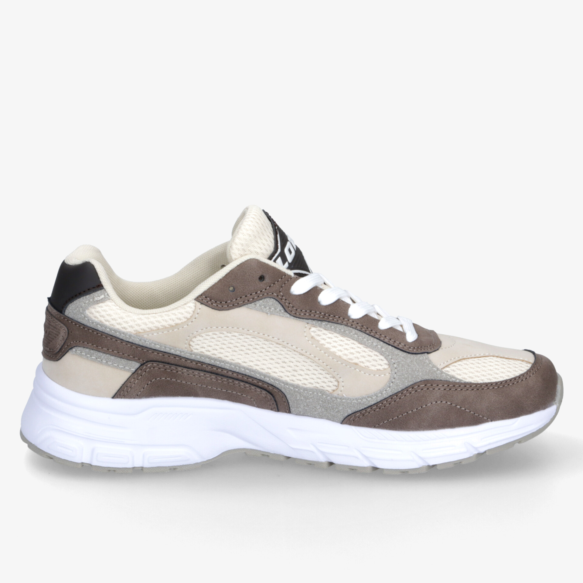Modern gestalteter beiger und brauner Sneaker mit leichter Sohle und bequemer Polsterung, ideal für aktive Nutzung
