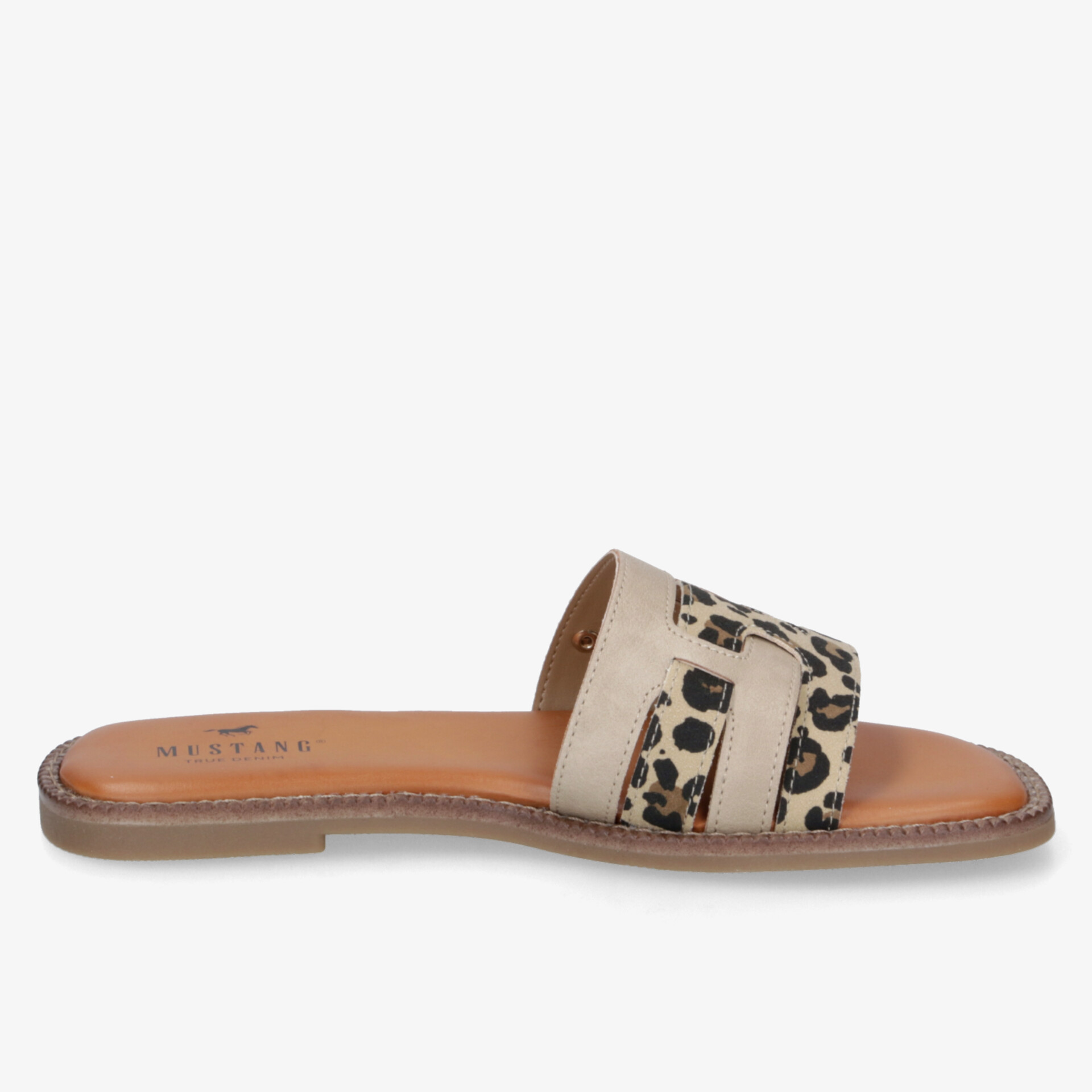 Flache Sandale mit offenem Zehenbereich und zweifachem Leopardenprint-Riemen, bequeme Ledersohle